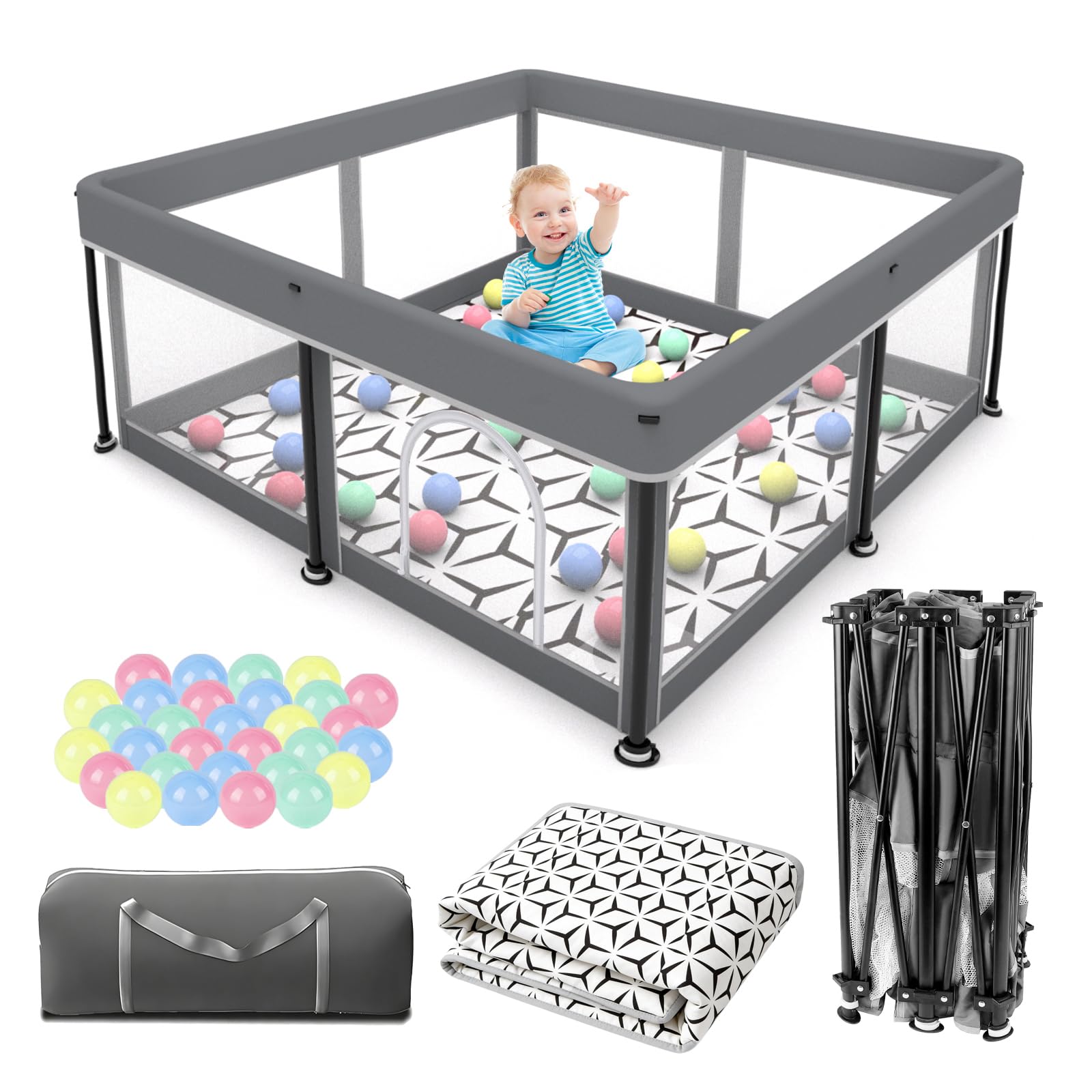 Parc pliable pour bébé avec tapis – Portable, spacieux et robuste pour bébés et tout-petits, installation rapide en 1 minute, facile à transporter, parc de jeu pliable pour une utilisation en