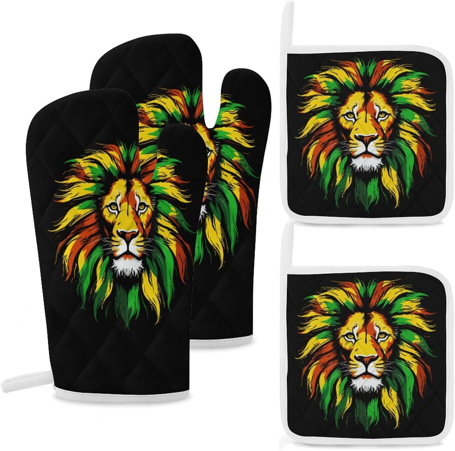 Colorful Lion 4 Pcs Oven Mitts and Pot Holders Set High Heat Resistant Long Kitchen Oven Glove Potholders