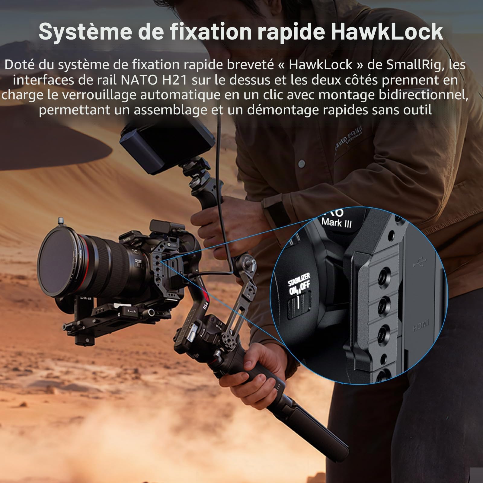 SMALLRIG R6 Mark III Demi-Cage pour Canon R6 Mark II / R5 Mark II, Plaque de Dégagement Rapide HawkLock pour Rail Arca/NATO, Compatible pour DJI RS 3 / RS 3 Pro/RS 4 / RS 4 Pro - 5953