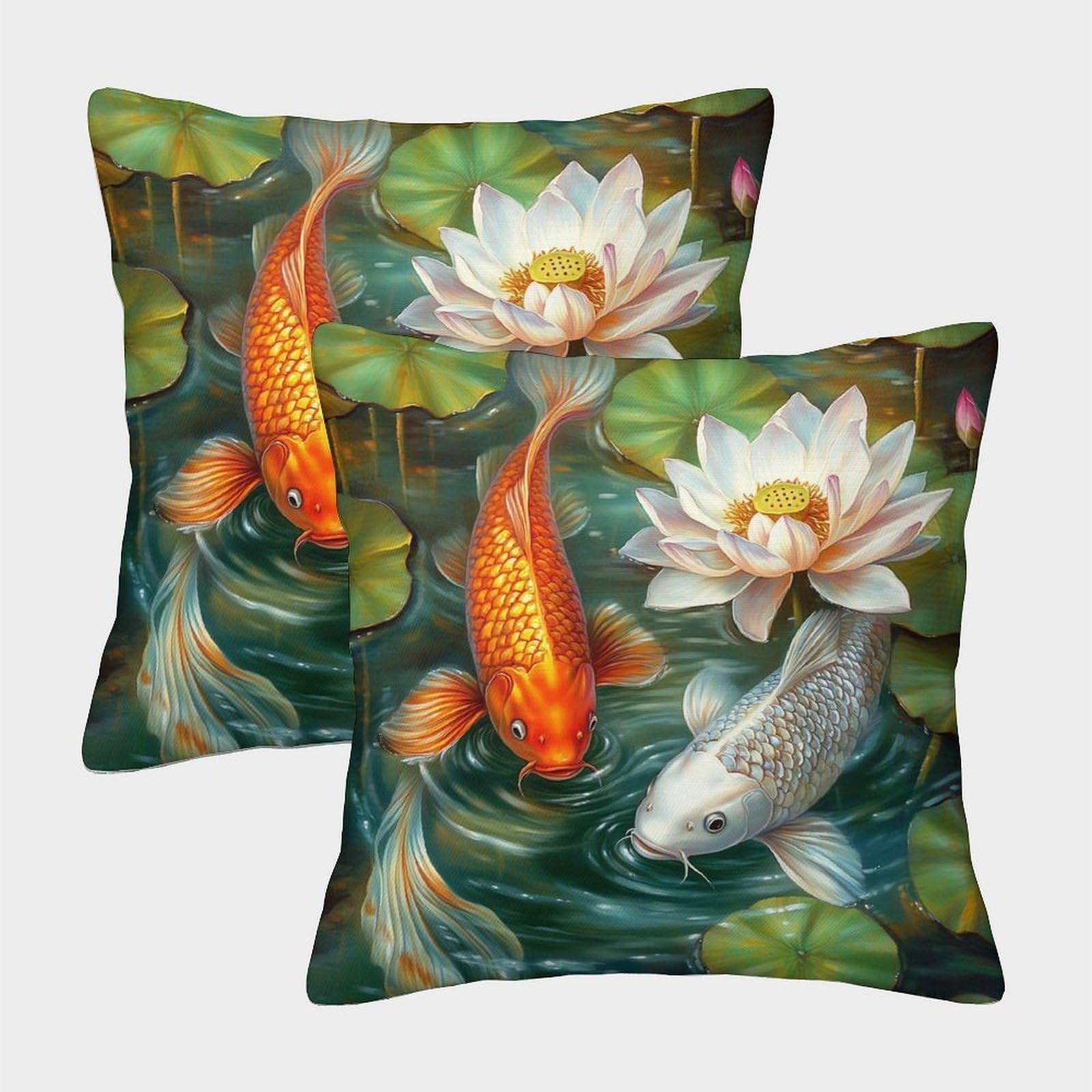 kaiyun 2 Pack Koi in The Lotus Pond,Beautiful Lotus Pillowcase 45x45cm, Cushion Cover,3D Digital Printing Bed Sofa Decorative