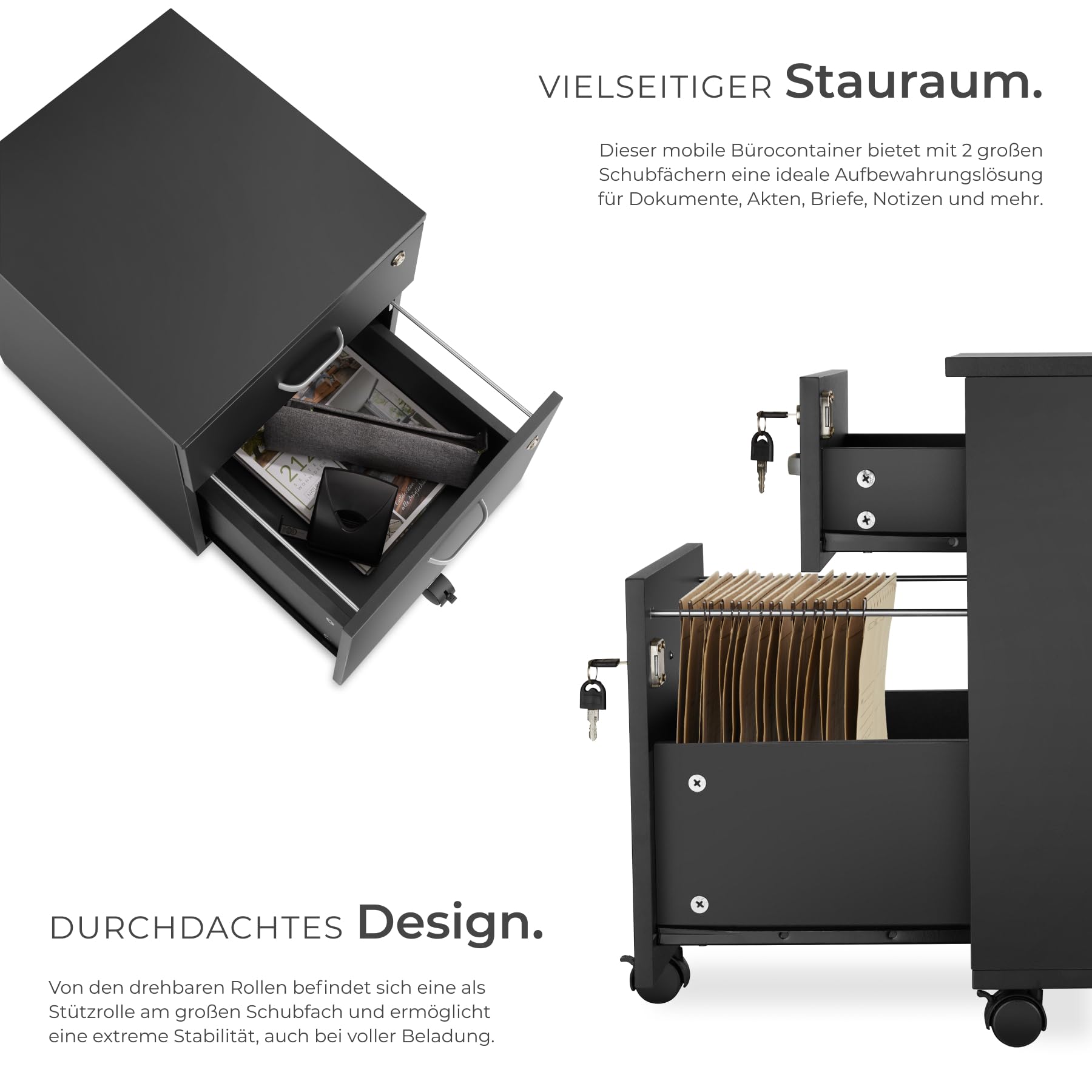 tectake® Rollcontainer mit Schubladen, Aktenschrank abschließbar, Kommode mit Schubladen, Rollwagen, Organizer für Dokumentenablage und Ordner A4 breit, Büroschrank, schwarz