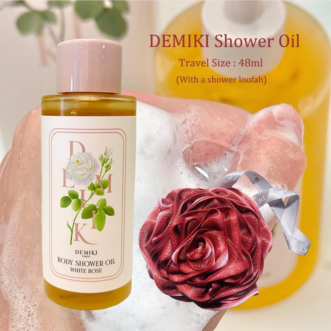 DEMIKI Bath Loofah Sponge & Shower Oil Body Wash, 1.62 fl.oz (48ml), Hydrating & Nourishing for Sensitive Skin, Soft Exfoliating Body Sponge, Winter Care Bath Oil