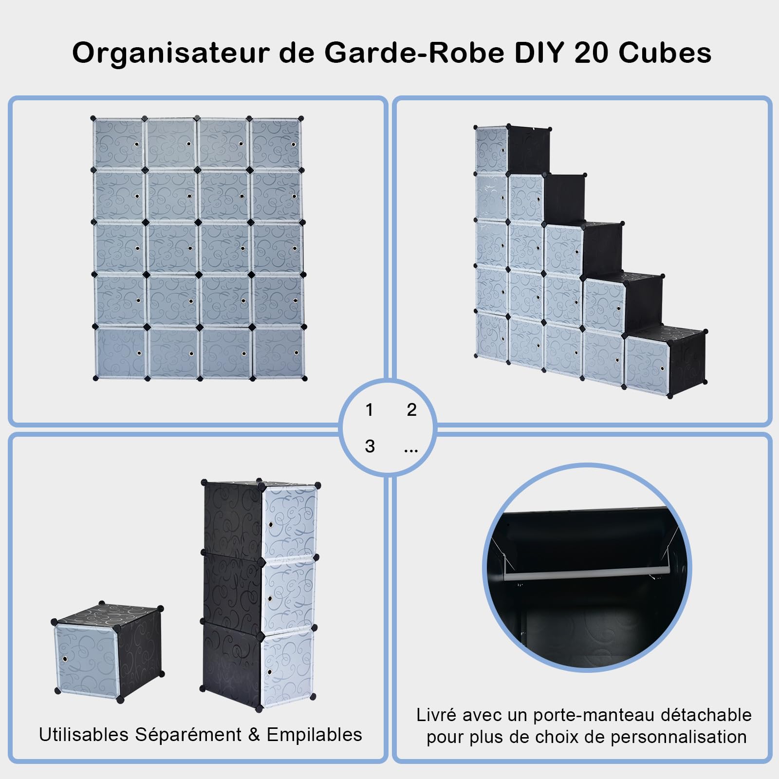 COSTWAY Armoire Penderie, Armoire de Rangement en Plastique, Motif imprimé, Armoire Chambre Adulte pour Vêtement, Chaussures Jouets, Grande Capacité (20 Cubes)