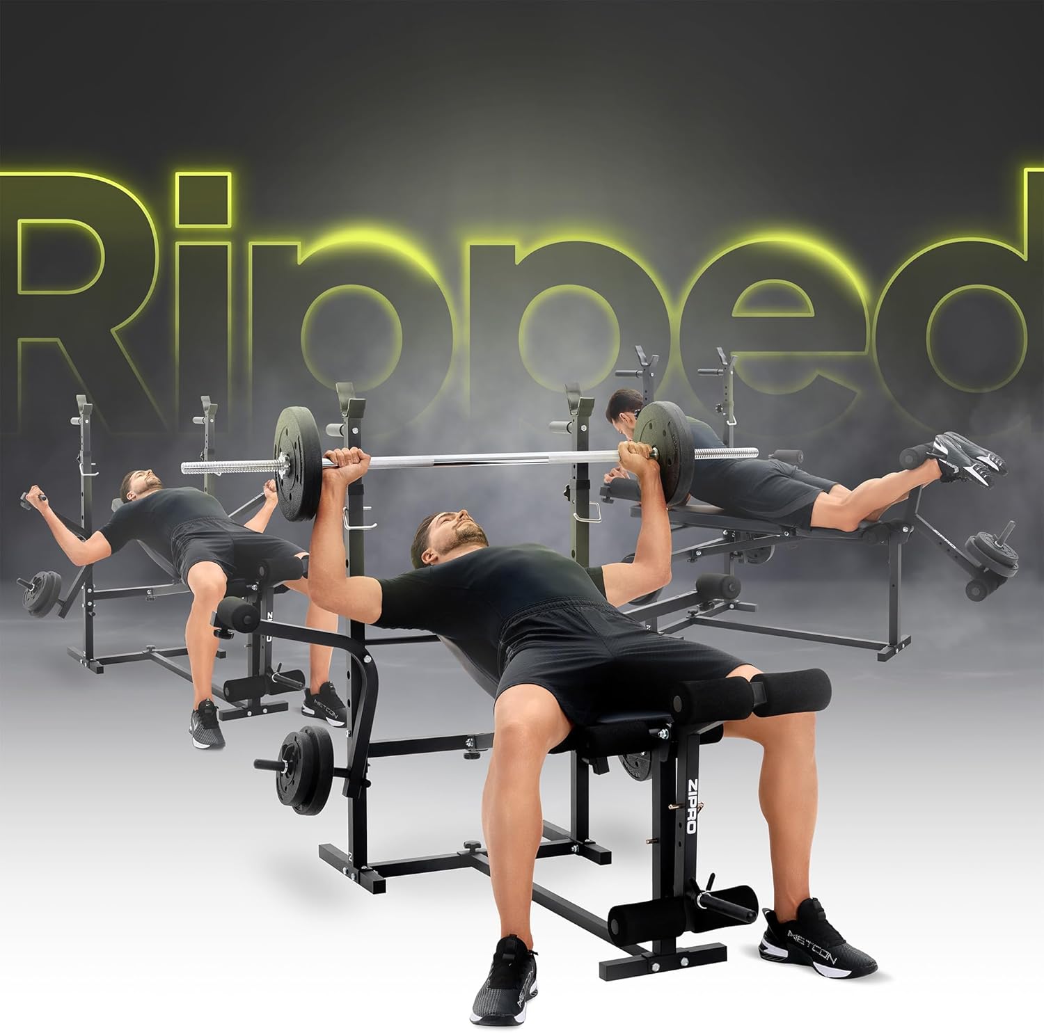 User performing a bench press on the ZIPRO weight bench