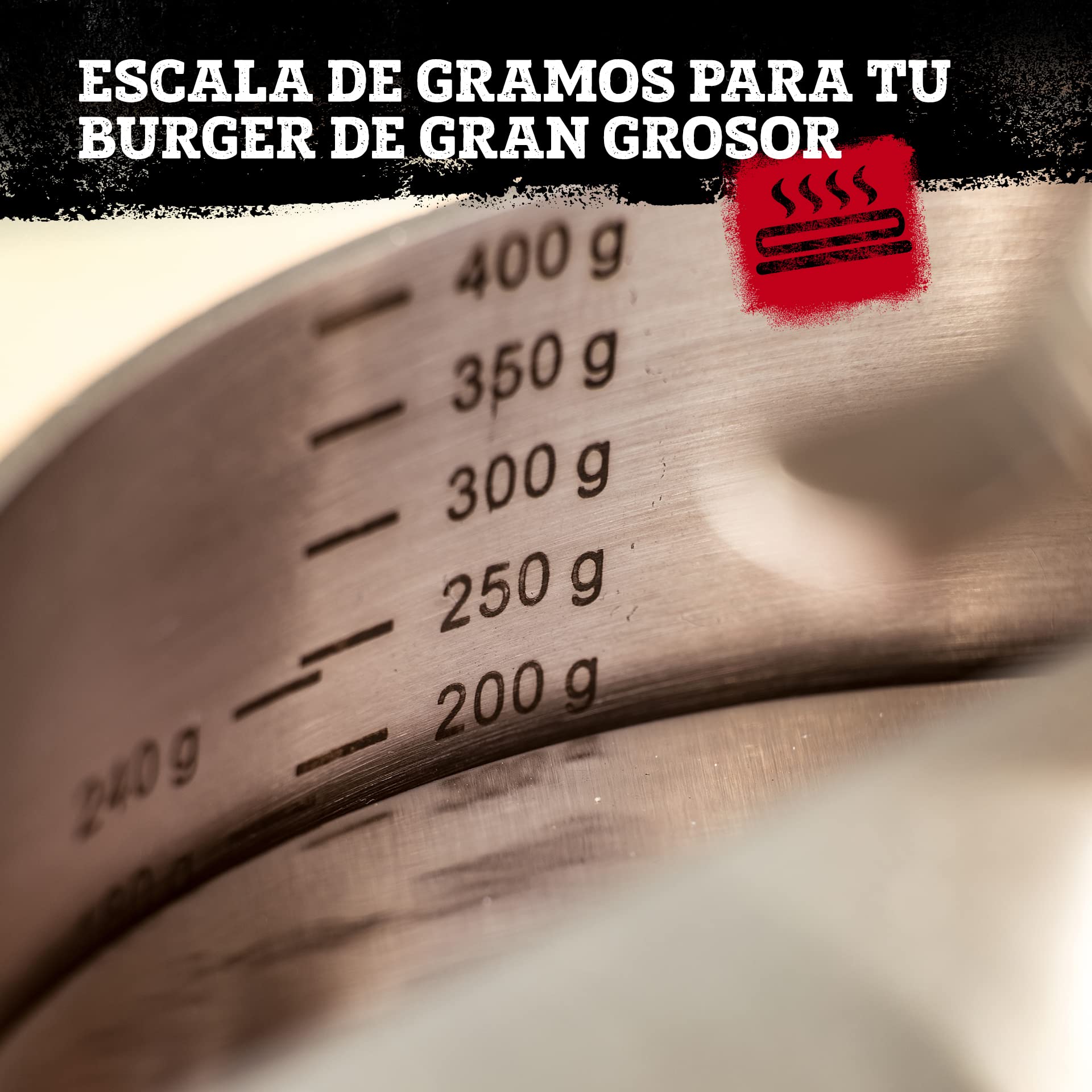 FM Professional Prensa Hamburguesas Profesional XXL Molde de gran tamaño en Acero Inoxidable para Carne, Pescado, Burger Vegana, Filetes Rusos Apta para lavavajillas, 14x11,5cm, 1 ud.