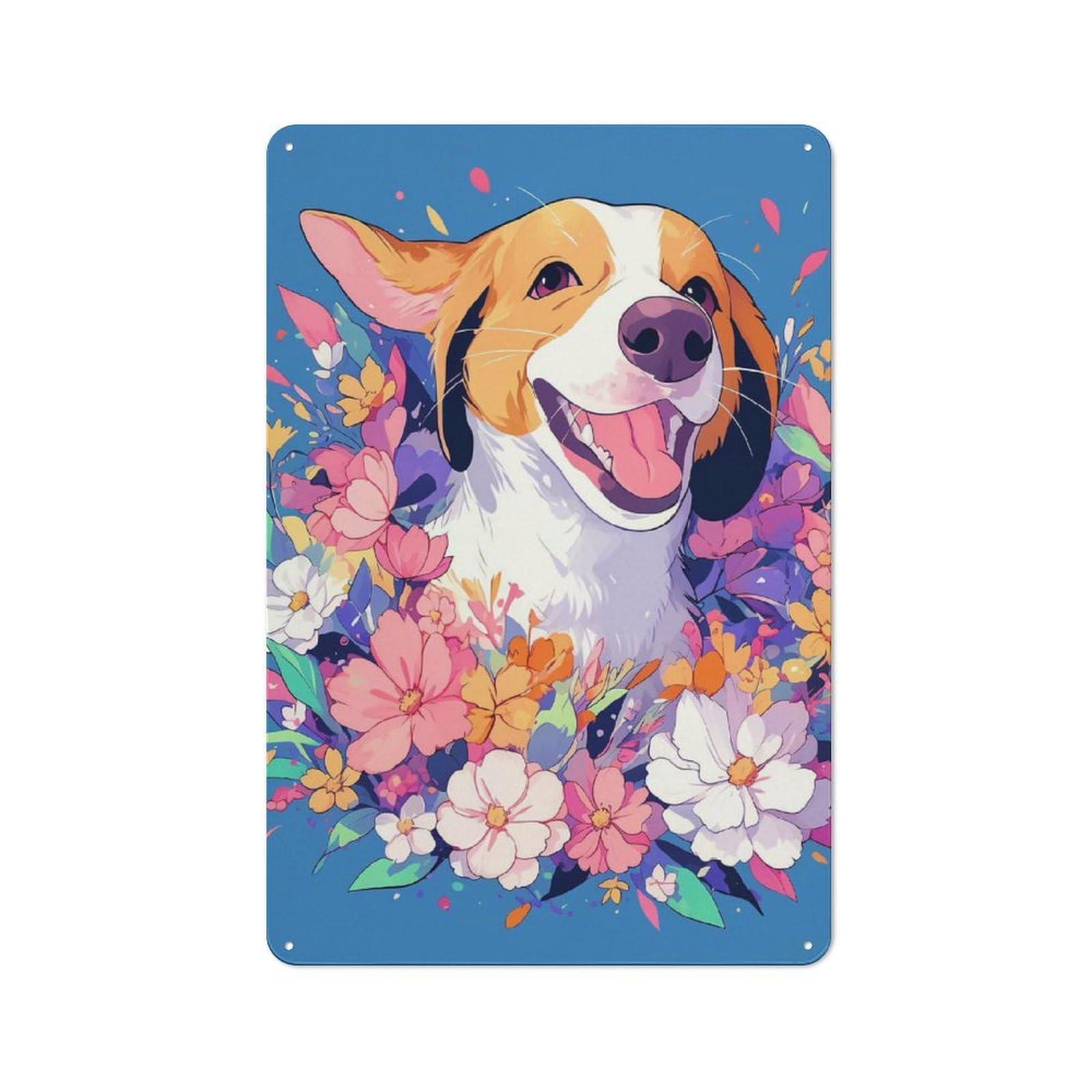 Happy Dog Surrounded by Flowers Retro Metal Wall Decor 30x20cm, Metal Sign for Pub, Home Bar, Shed Or Man Cave, for Relaxed Wall Styling