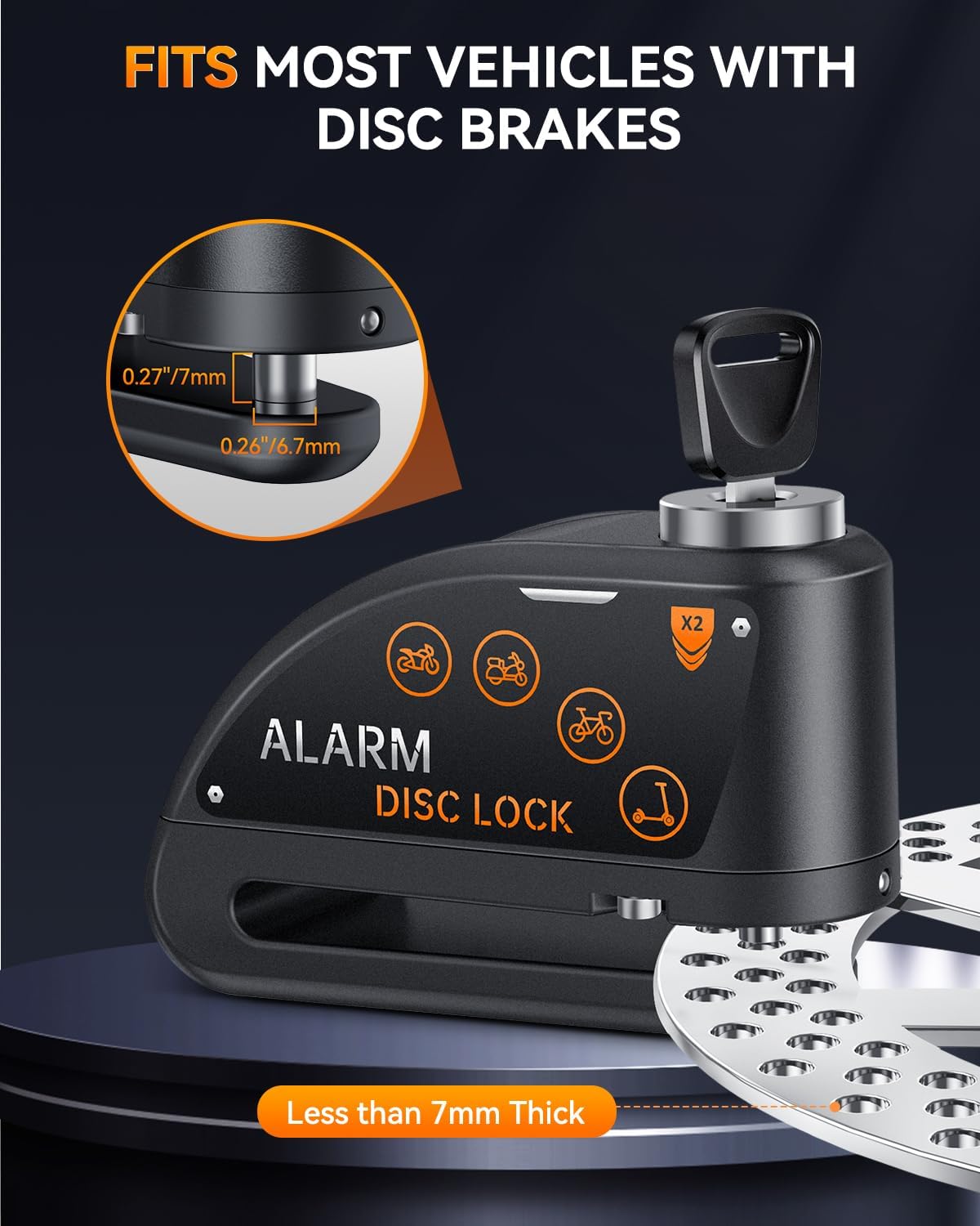 Various vehicles including a bicycle, scooter, and motorcycles, illustrating the multi-vehicle compatibility of the disc brake lock.