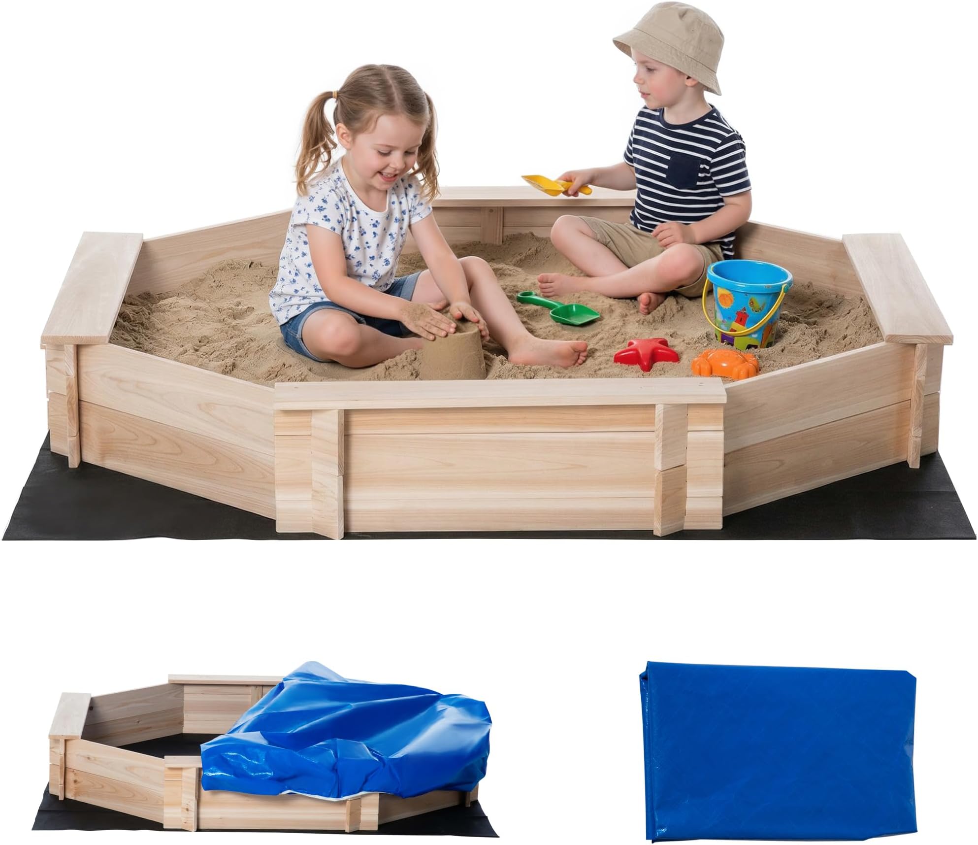 Outsunny Kids Wooden Sand Pit with Cover for 3-8 Years 139.5x139.5x21.5 cm | Children Sandbox, Outdoor Playset, for Backyard