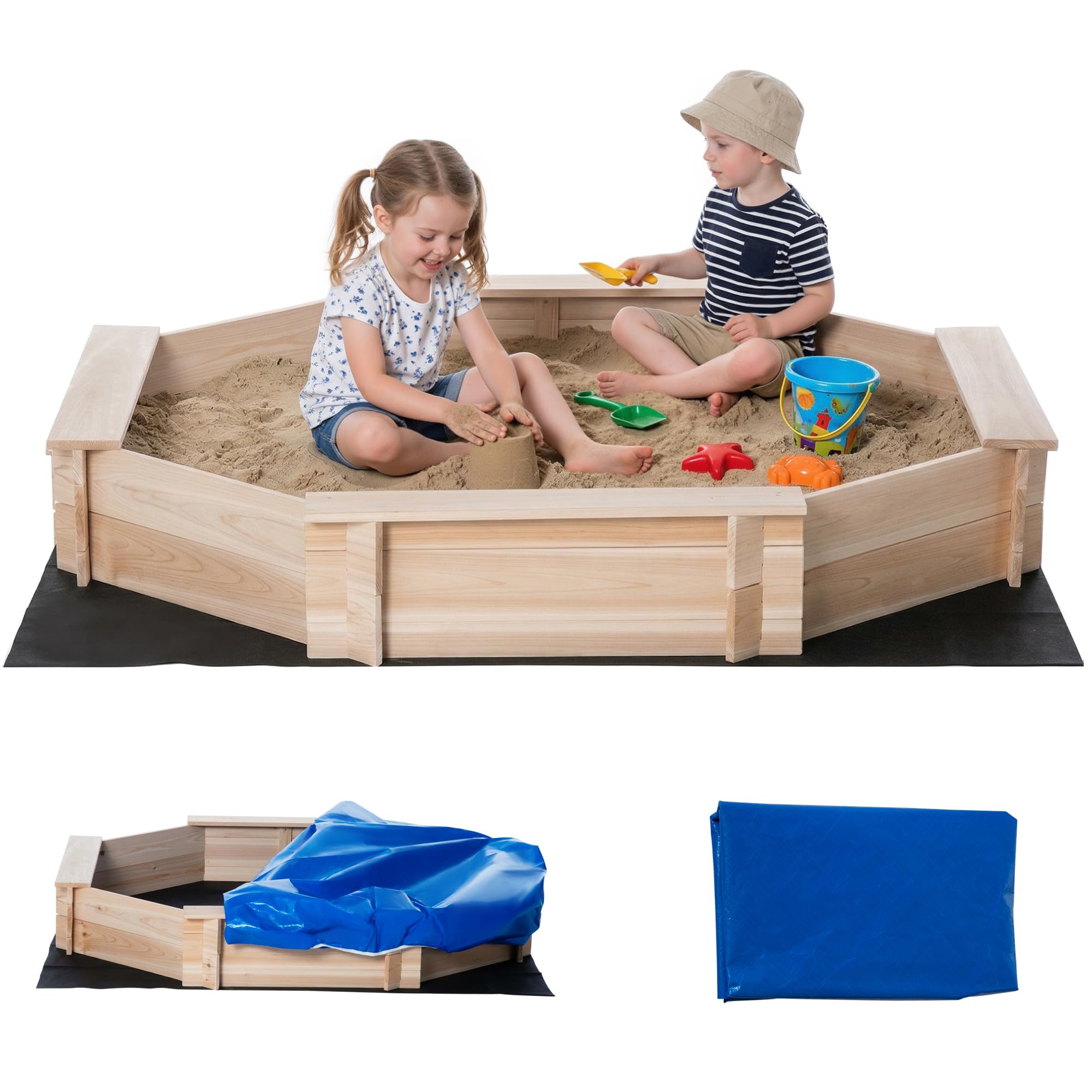 Outsunny Sandkasten mit Abdeckung 8-eckig Sandkiste aus Massivholz Bodenloses Design für Kinder 3-8 Jahre Natur+Blau 139,5 x 139,5 x 21,5 cm