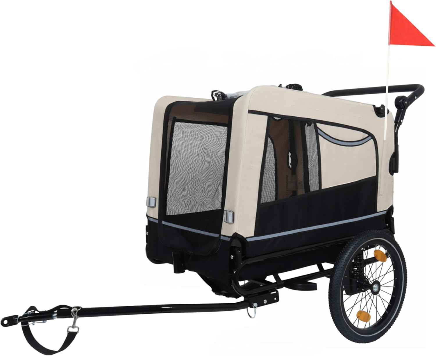 Dog Bike Trailer, Supports up to 88 lbs, 2-in-1 Pet Stroller Cart Bicycle Carrier, Easy Folding Cart Frame with Quick Release Wheels, Universal Bicycle Coupler, Reflectors, Flag, Black+Beige