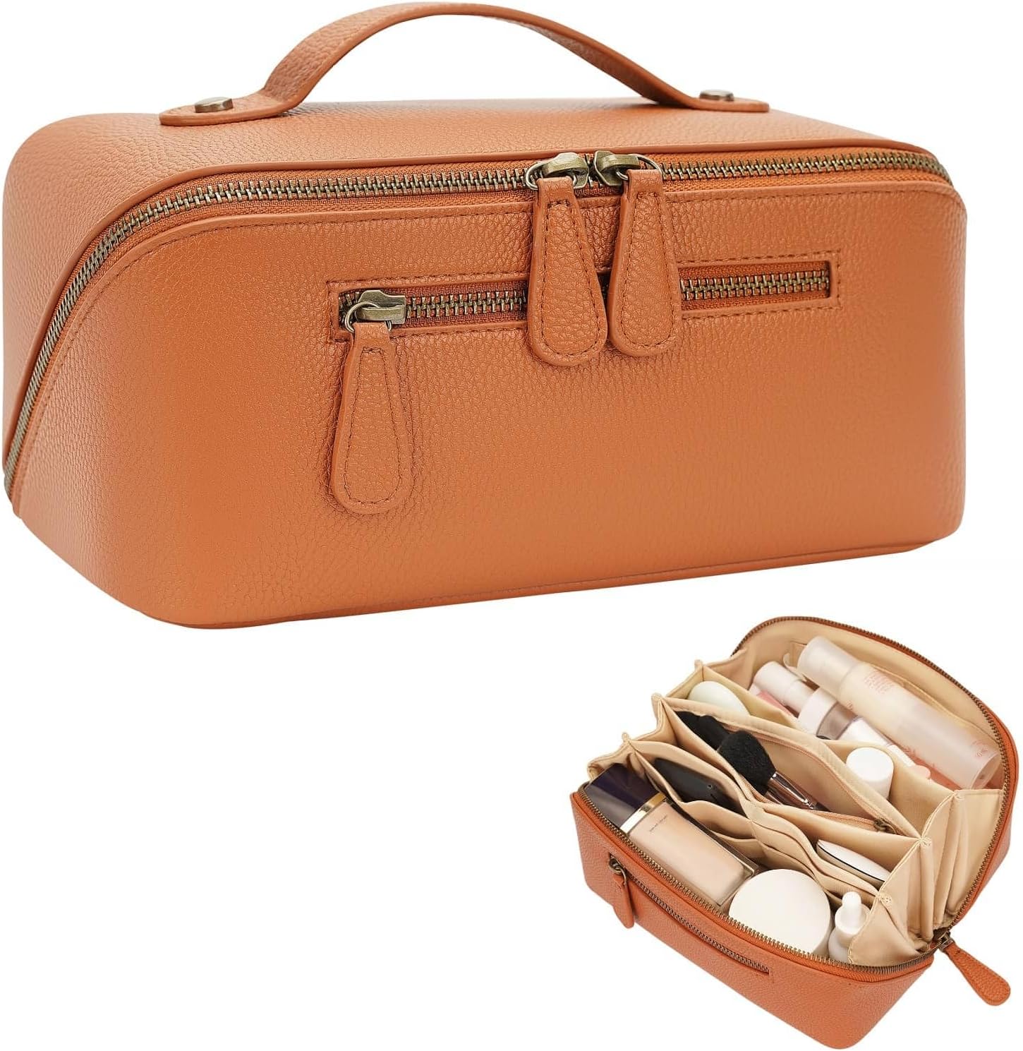 Travel Makeup Bag Large Capacity Cosmetic Bags for Women Waterproof Make up Organizer Toiletry Bag Open Flat Portable with Divider with Handle Pouch (Brown, 2L)