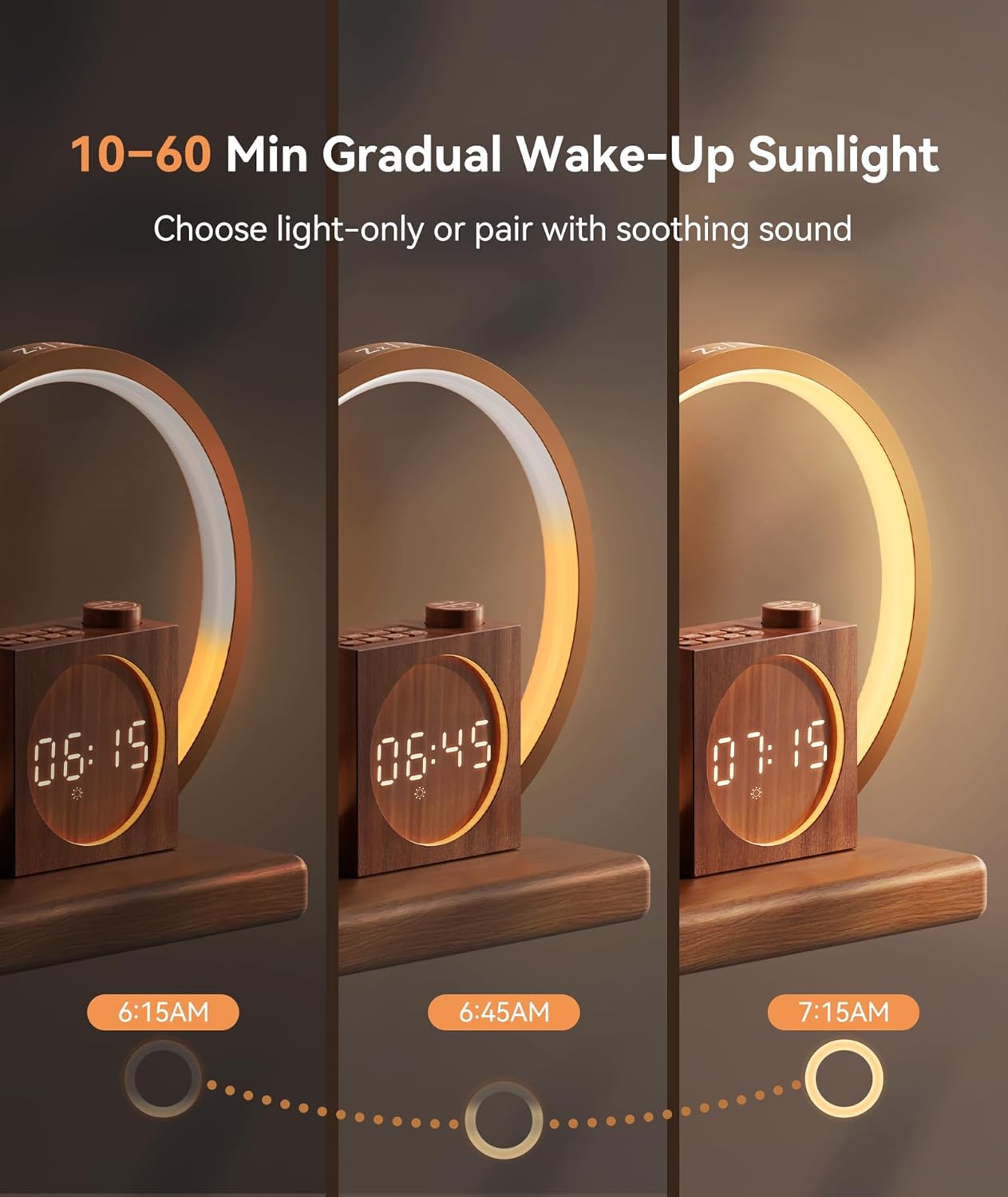 Three images showing the gradual brightening of the sunrise alarm clock over time