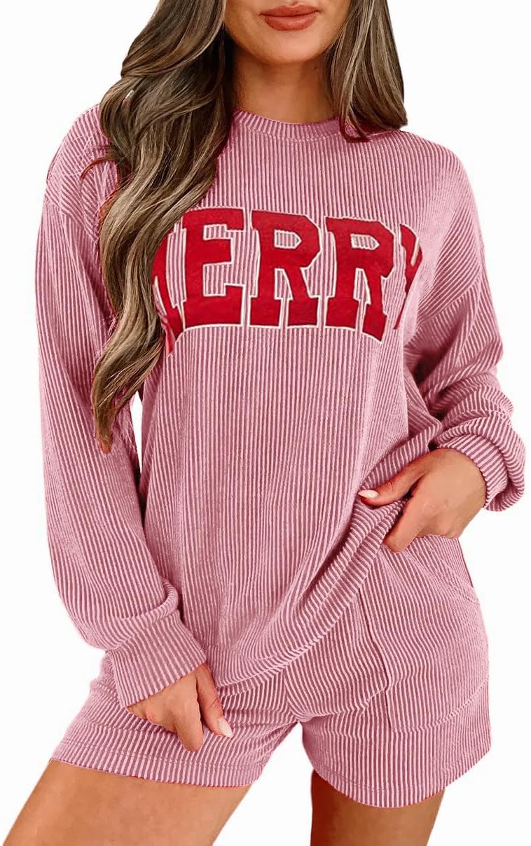 Womens Ribbed Pajama Sets Long Sleeve Top and Shorts Matching Lounge Set Loungewear Sweatsuit with Pockets