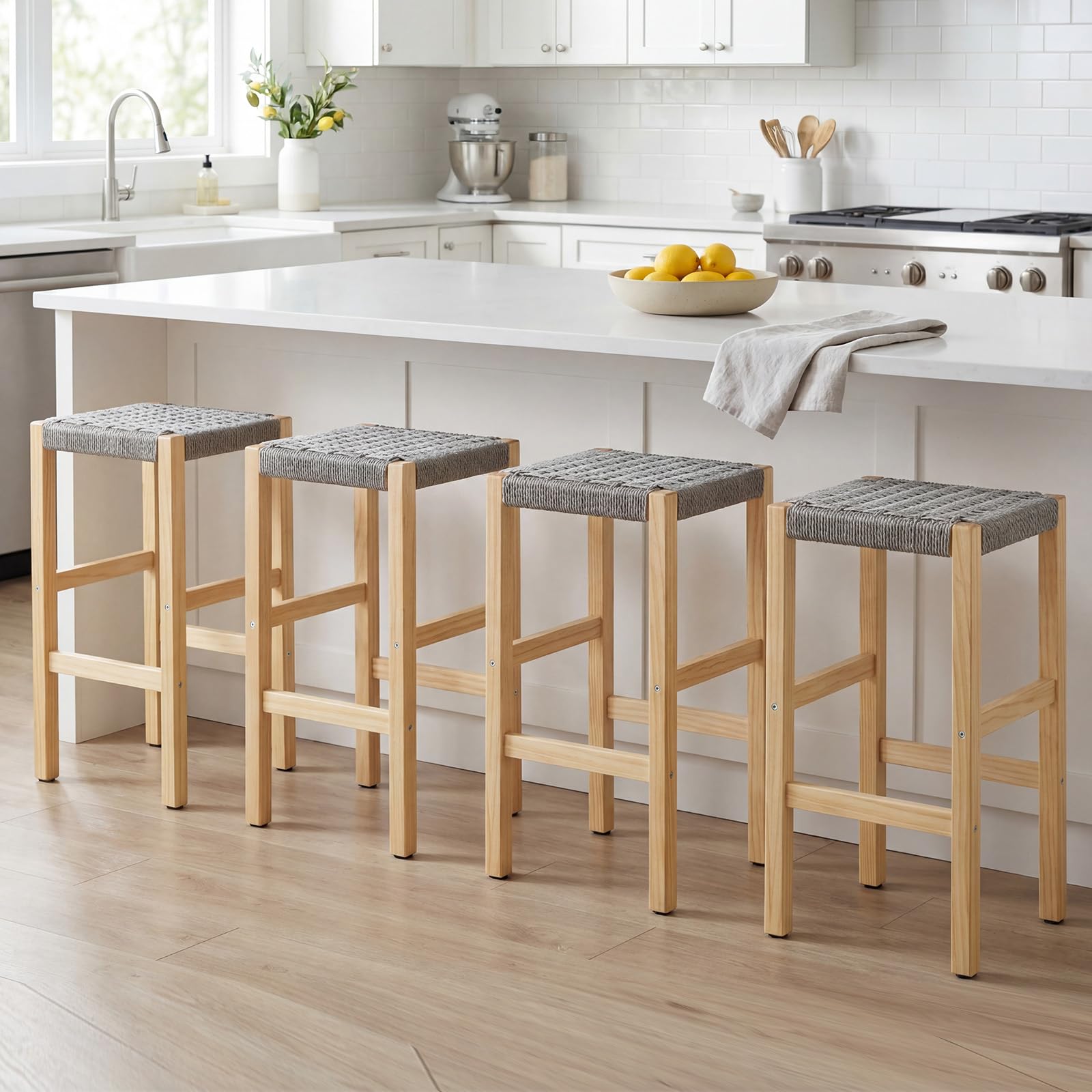 chairus Wood Bar Stool Set of 4 Woven Rope Rustic Kitchen Counter Stools Height 65cm Breakfast Bar Chairs, Gray