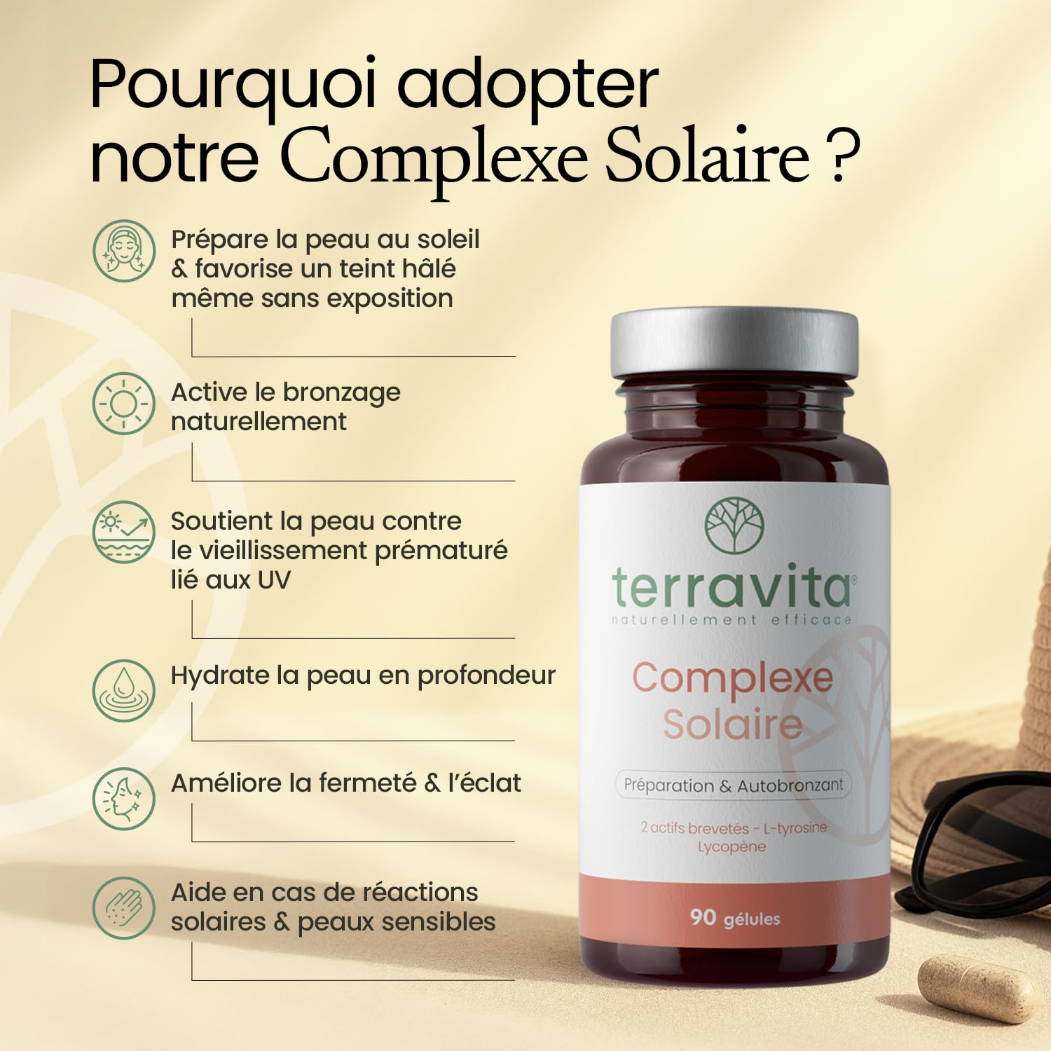 COMPLEXE SOLAIRE 4 en 1 | Nutroxun® + Céramosides® + Lycopène + Zinc Bisglycinate | Teint Hâlé et Naturel | Formule Autobronzante sans Bêta-carotène | 90 Gélules Vegan | Fabriqué en France | Terravita