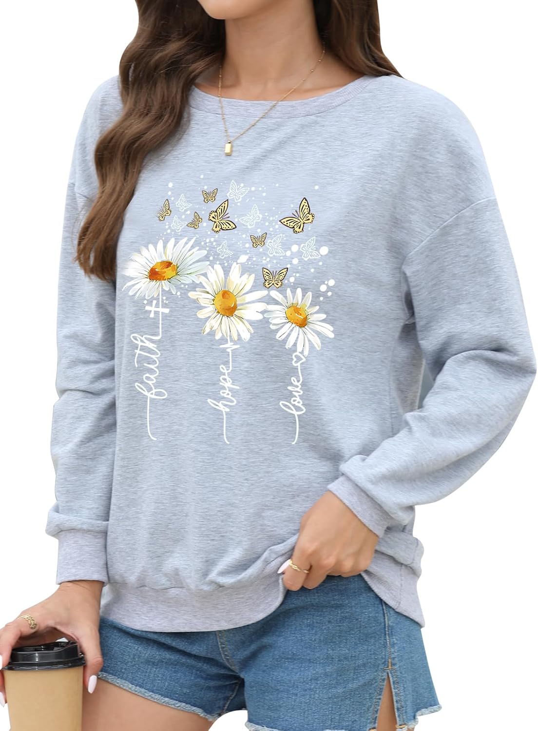 Women’s Christian Sweatshirts,Faith Hope Love Daisy Print Crewneck Long Sleeve Casual Loose Fit Sweatshirt