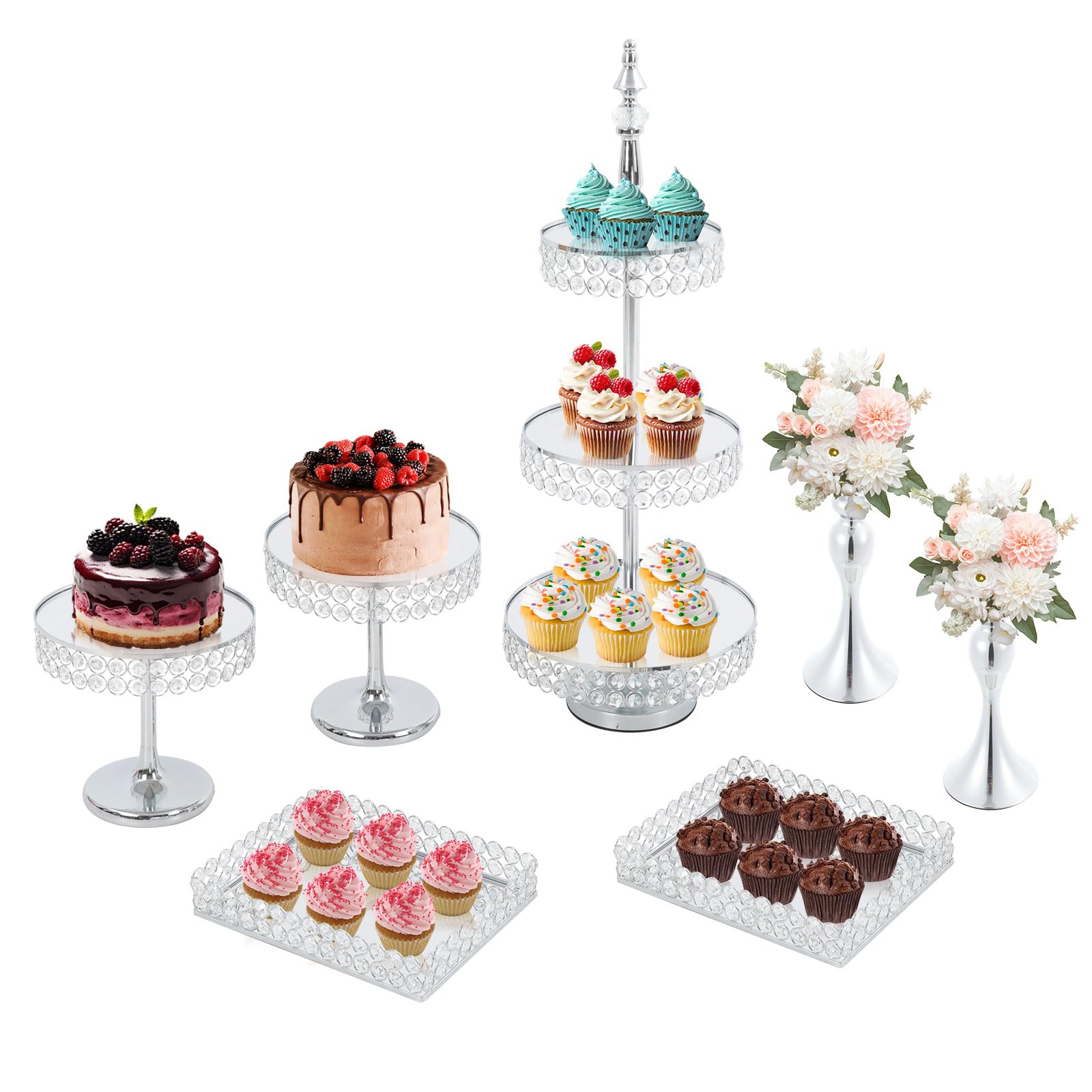 Juego de 7 soportes para tartas, mesa de postre, platos de presentación (plata) | 2 soportes rectangulares y 5 soportes para tartas, torre de servir para aniversarios, bodas, fiestas de cumpleaños, fiestas