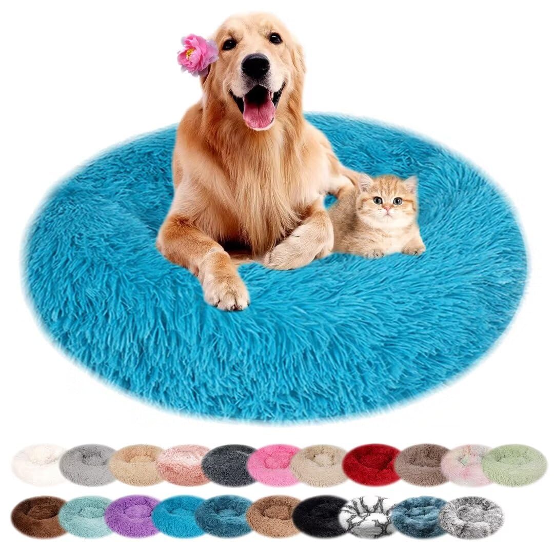 nvdsivee Dog Bed Plush Round Cat Bed for Indoor Cats Puppy Bed Washable Calming Dog Beds Cushion for Small Medium Large Dogs Dog Mattress with Anti-slip Bottom Blue 70cm