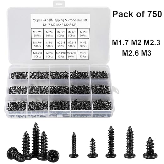 750 Tornillos Autorroscantes M1.7-M3 Phillips Cabeza Plana Acero al Carbono Negro miniatura 2