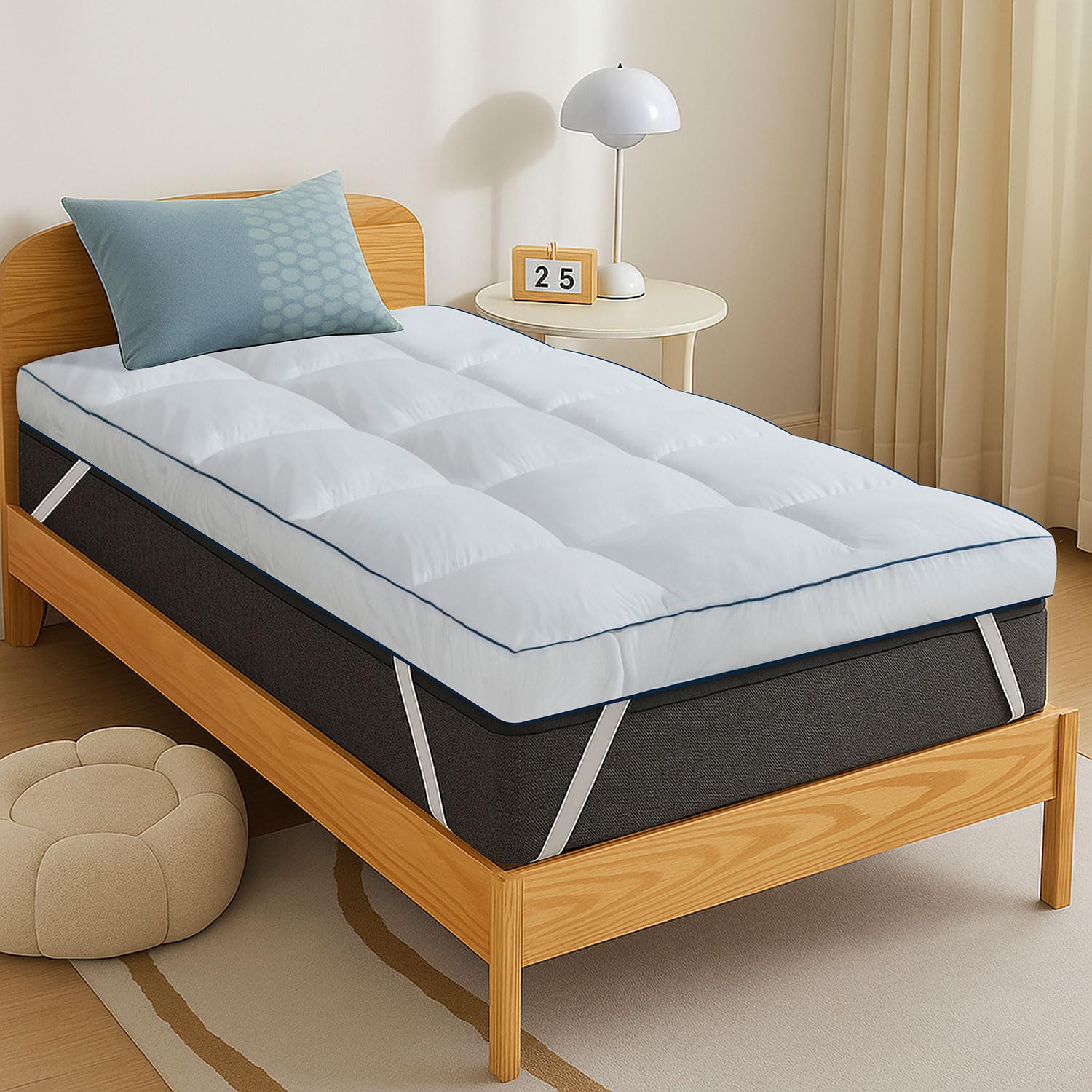 Photo 1 of QUEEN ROSE Mattress Topper Twin Size, Pillow Top Extra Thick Mattress Pad, Soft Baffle Box Overfilled Down Alternative for Back Pain, 4 Corner Straps, White