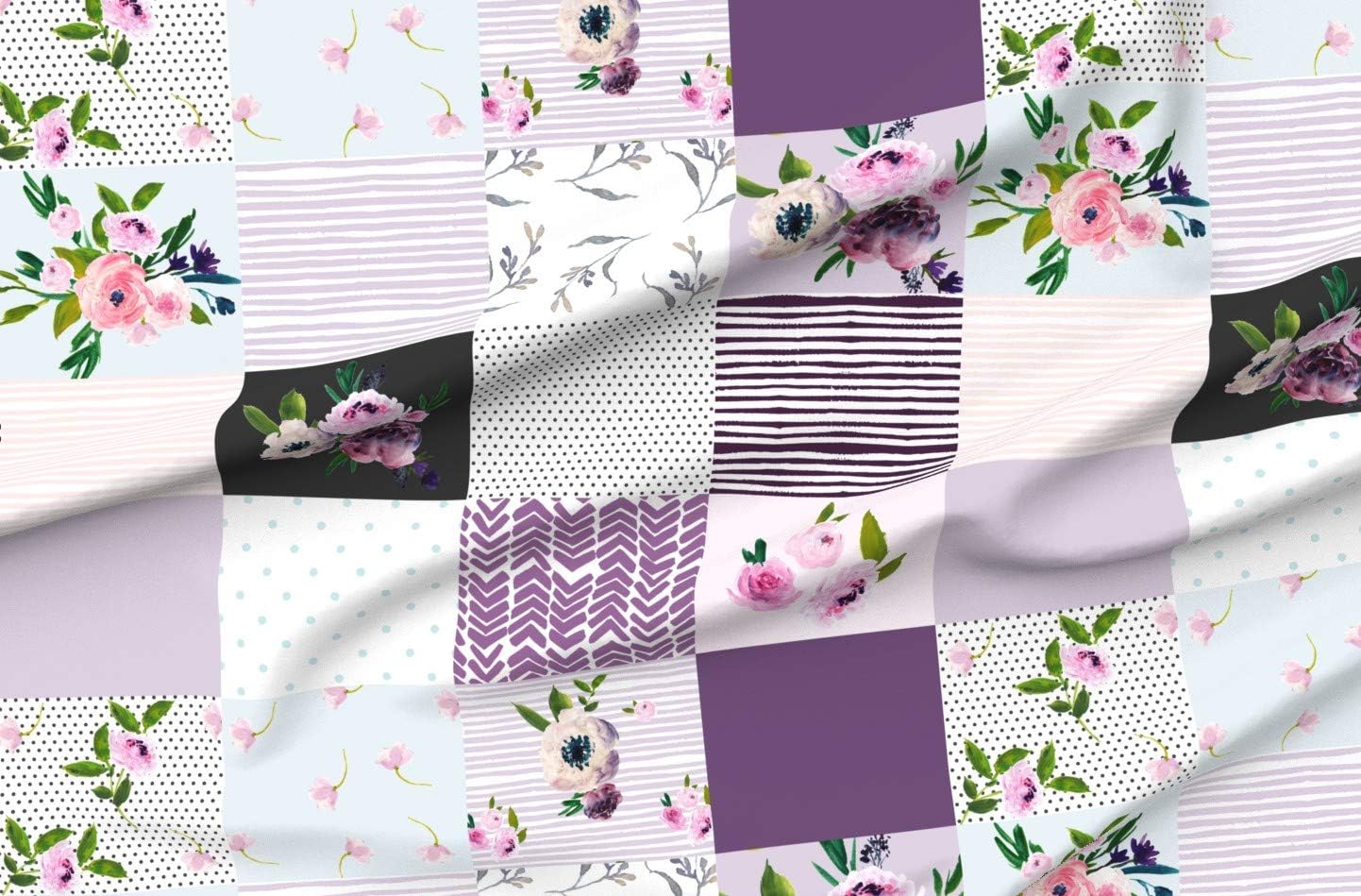 Spoonflower Fabric - Grey Floral Quilt Whole Cloth Cheater Lavender Boho Printed on Petal Signature Cotton Fabric Fat Quarter - Sewing Quilting Apparel Crafts Decor