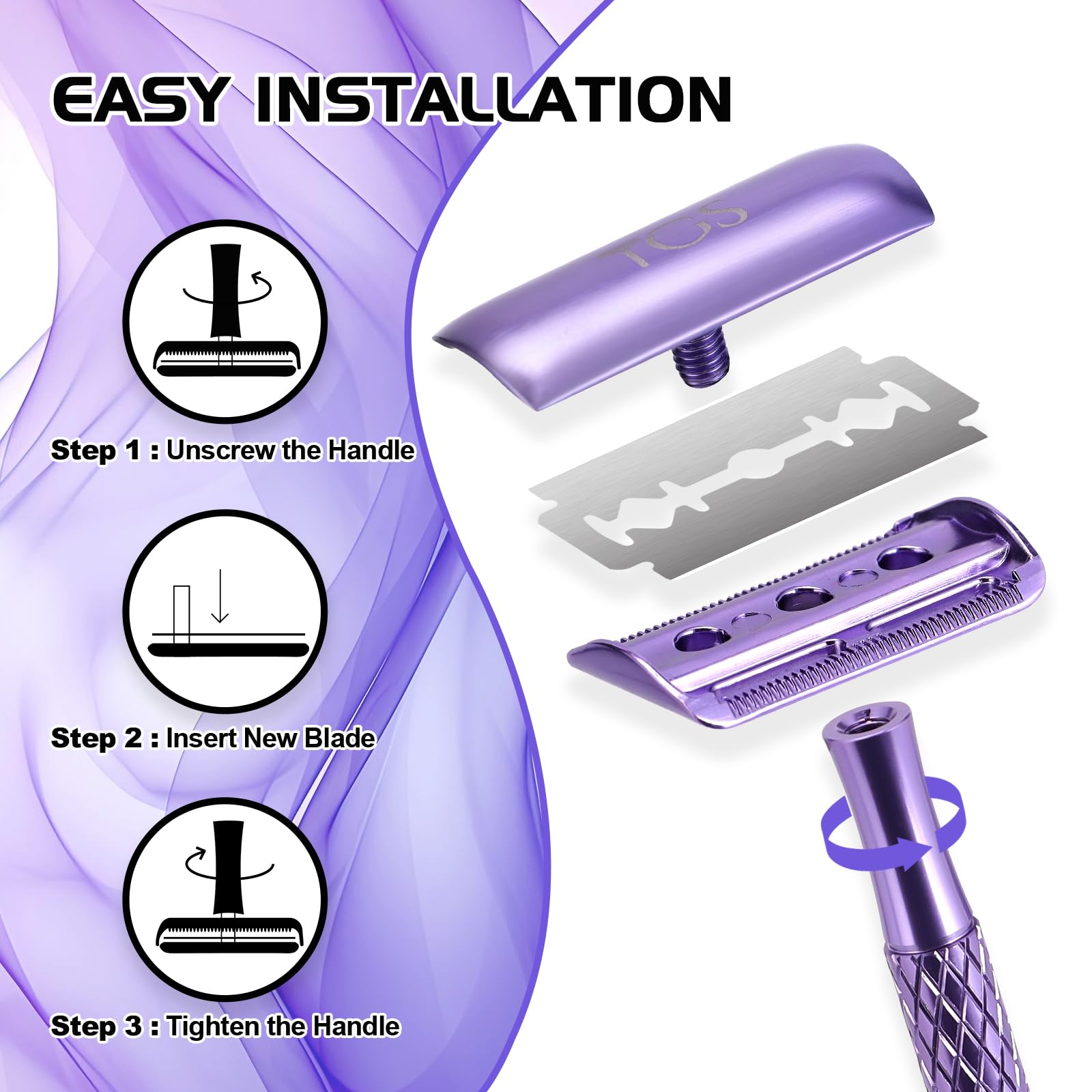 Maquinilla de afeitar de seguridad de doble filo para mujer, color morado con 10 cuchillas y cubierta de silicona, maquinilla de afeitar de seguridad de una sola hoja de metal