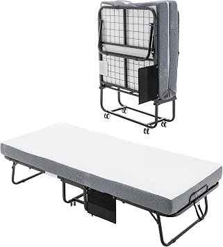 Folding Bed with Mattress 75"x38" Portable Folding Bed Roll Away Adult Bed for Guest Metal Frame Rollaway Bed 5-inch Thick Memory Foam Twin Size Bed Frame