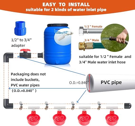 Automatic Chicken Waterer System, DIY Poultry Pipe Water Feeder Set, Include 8 Chicken Water Cups, Ball Valves and Tee, Coop Automatic Clean Waterer (Red, 8-Cups)