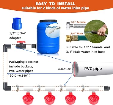 Automatic Chicken Waterer System, DIY Poultry Pipe Water Feeder Set, Include 8 Chicken Water Cups, Ball Valves and Tee, Coop Automatic Clean Waterer (Red, 8-Cups)