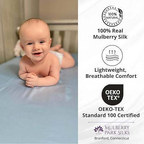 Miniatura 5 de Mulberry Park - Sábana bajera ajustable de seda para cuna, grado 6A, ropa de cama pura de 19 momme para niños pequeños, suave con la delicada piel