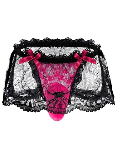 ChiaoLezhee Mens Lace Sexy Underwear, Sissy Pouch Panties Femboy For Men, Low Rise Bow Lingerie Fits 32-42, Sheer Girly - Hot Pink