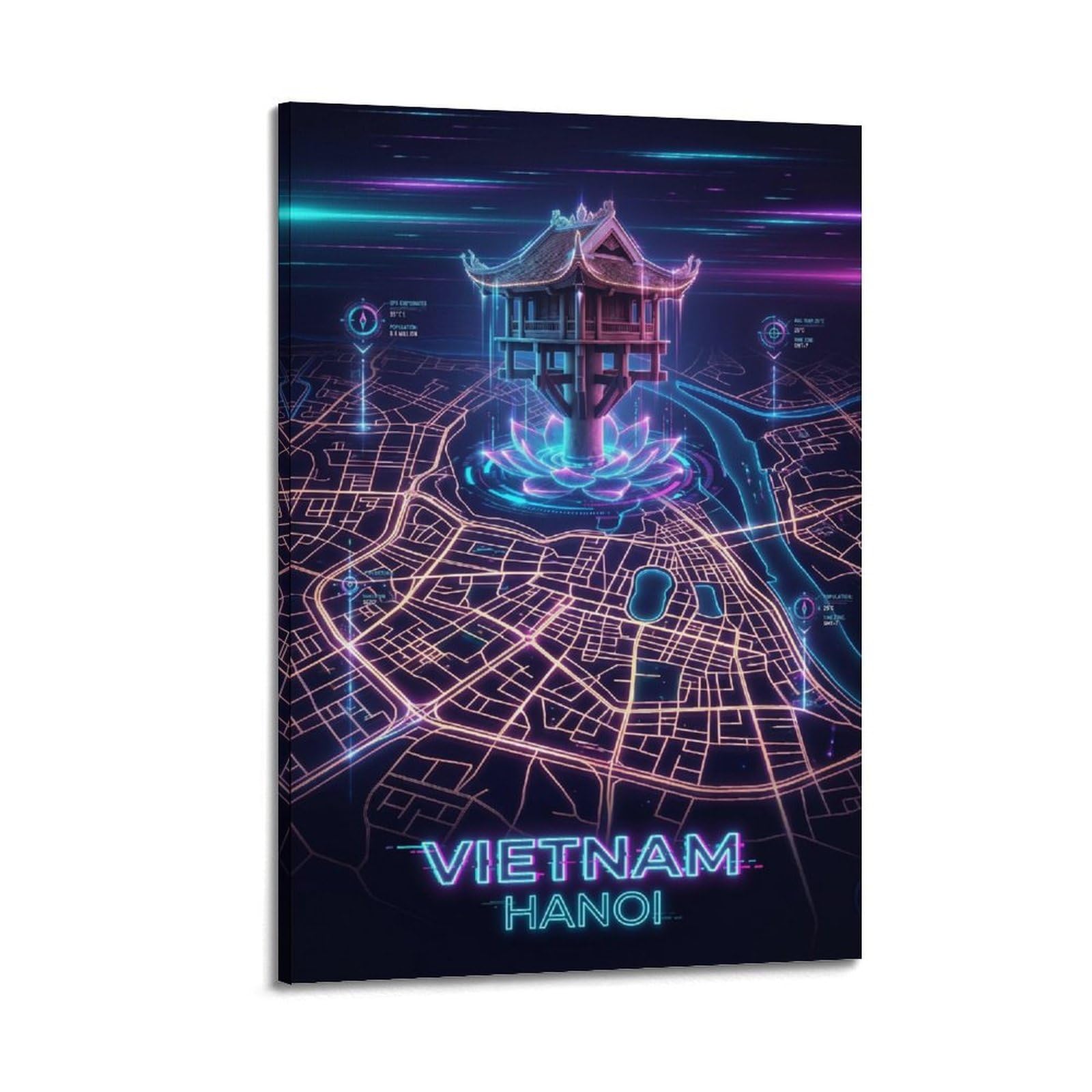 XKUGA Cyberpunk Style City Map Poster Vietnam Hanoi Modern Decorative Canvas Prints - Ideal Wall Art for Family, Man Cave, Game Room, Boys & Girls Bedroom 24x36inch(60x90cm)