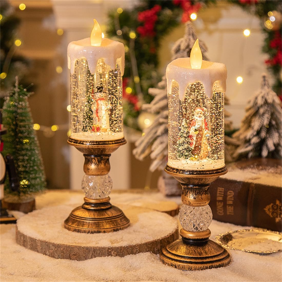 YESU Christmas Candle Lantern, Battery Operated Glittering Snow Santa Claus Lantern for Home Decor and Gift Decoration