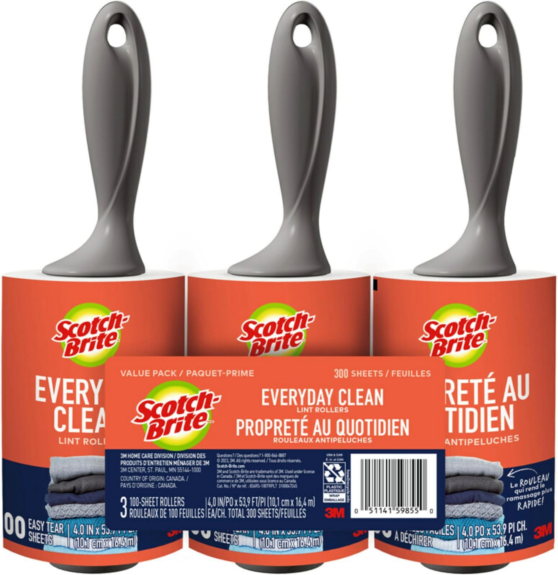 Scotch-Brite Everyday Clean Lint Roller, White, Manual Operation, 3 Pack, Lint Remover for Pet Hair, Dark Clothes, Furniture, and Dusty Surfaces, 300 Adhesive Sheets Total