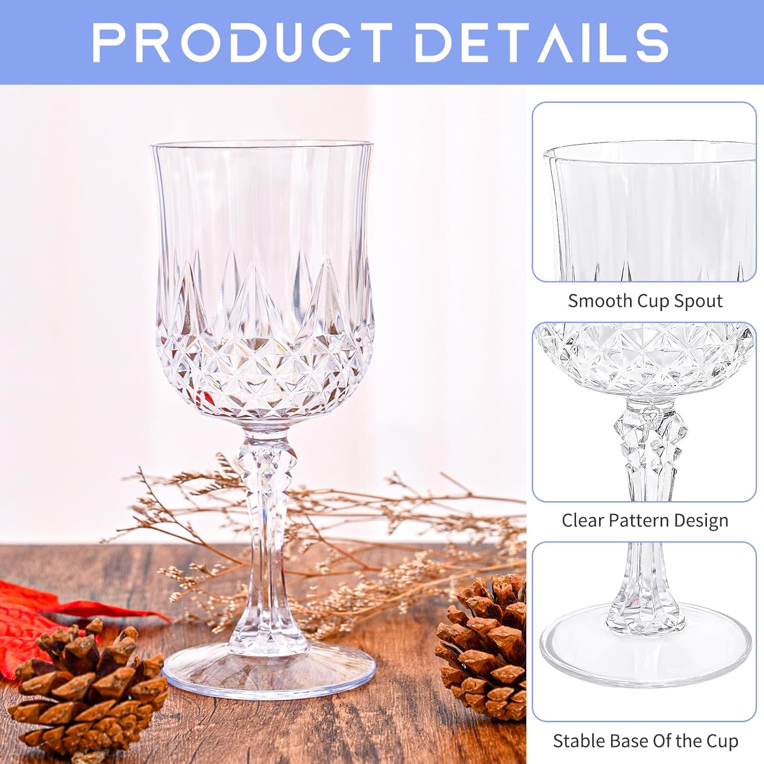 24 Pcs Clear Plastic Wine Glasses, Plastic Goblets for Parties, Vintage Wine Glasses Bulk, Reusable Drinking Glass, Drinkware Cups for Wedding Party Reception Event Supplies - Image 3