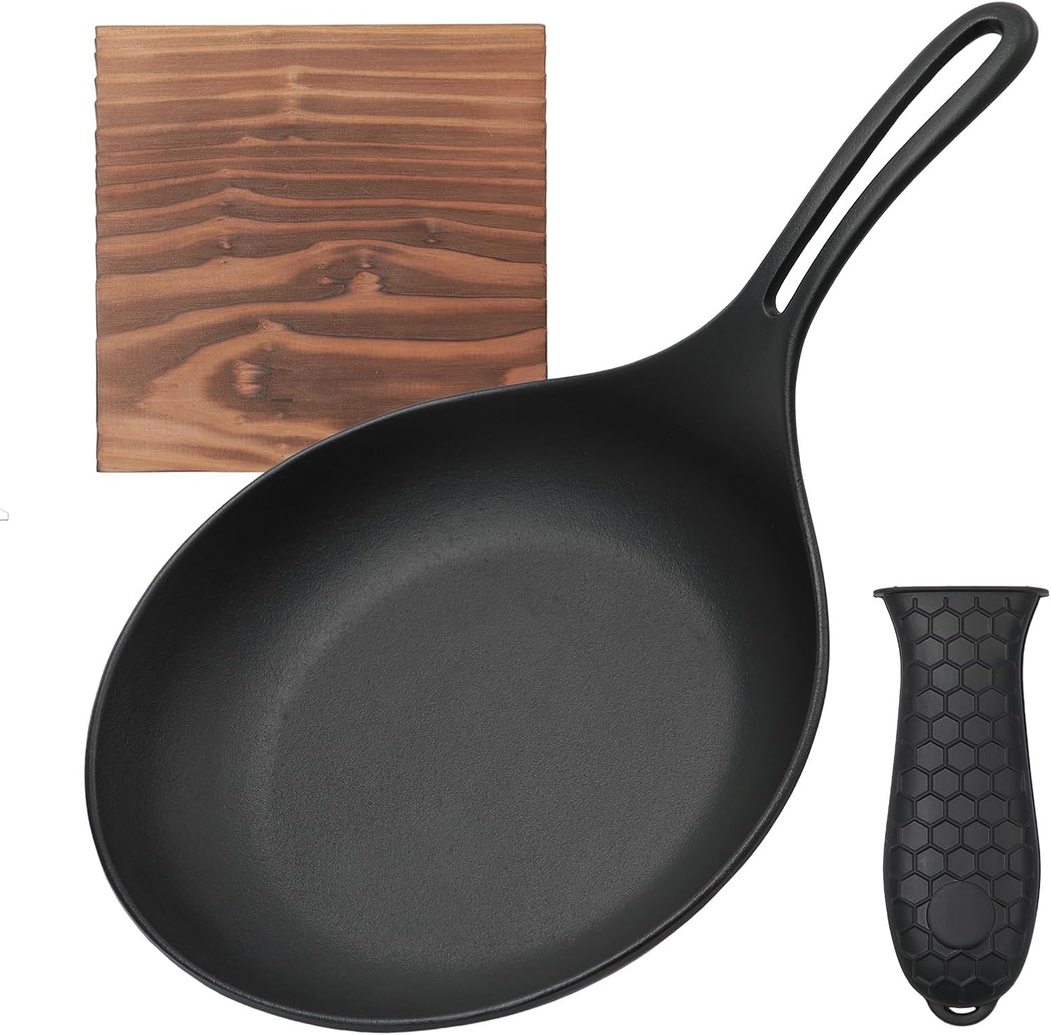 Nambu Ironware Omelet Trivet Silicone Grip Set of 3 with Bonus Iron Frying Pan, Skillet, Omelet Pan, Black Baking Processing (9.4 inches (24 cm)