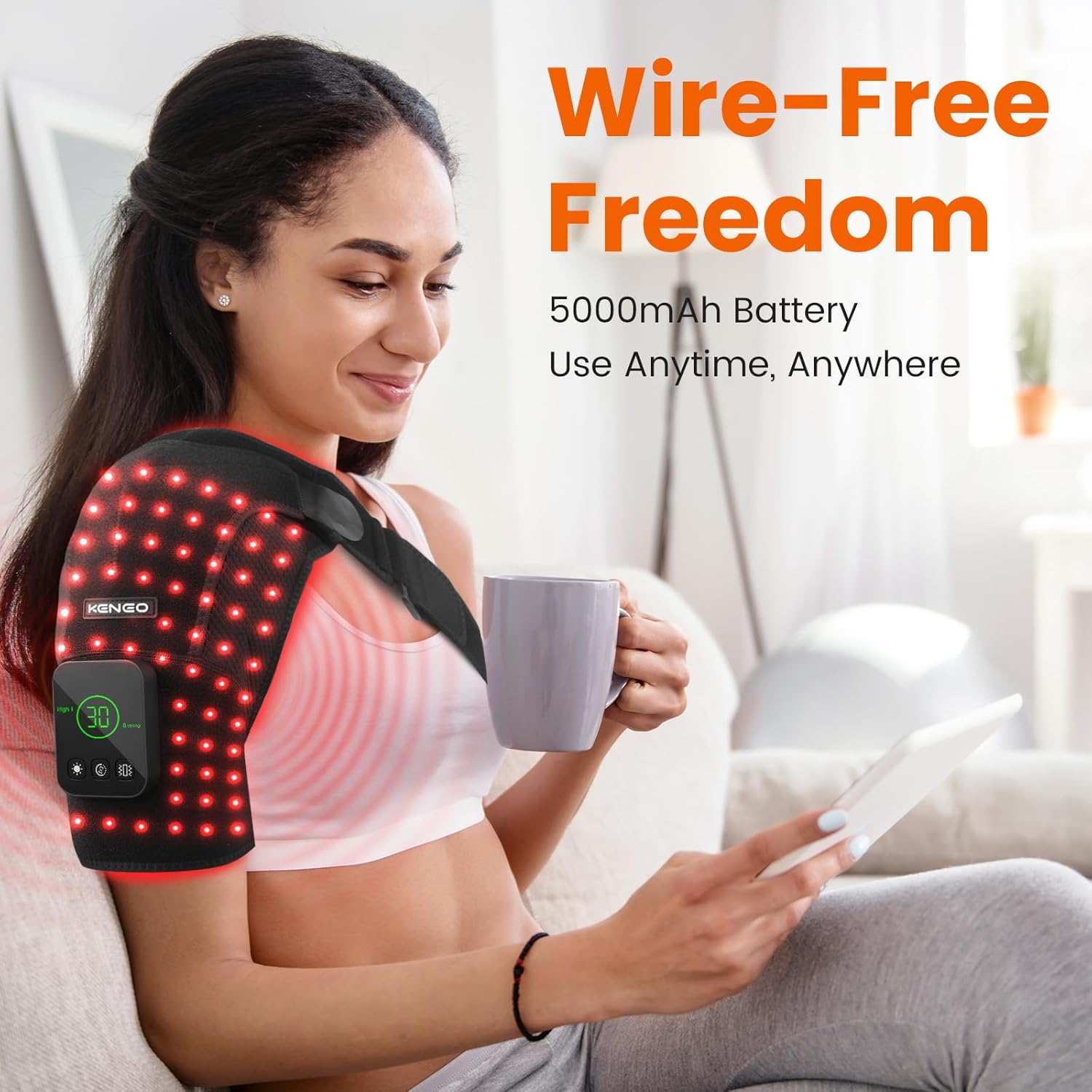 Keneo Red Light Therapy Shoulder Wrap with Heat & Vibration, 660nm & 850nm LEDs, 5000mAh Cordless Rechargeable Shoulder Support for Muscle Comfort, Adjustable Fit