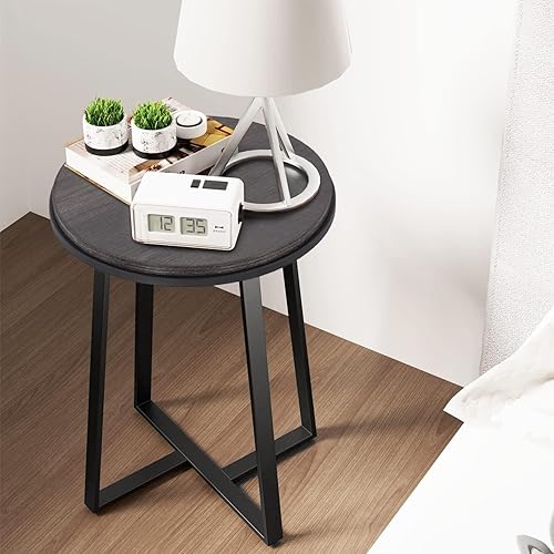 Miniatura 6 de Mesa auxiliar redonda Dorriss, mesa lateral pequeña de color gris con tapa de MDF, estructura metálica negra, mesa auxiliar alta para dormitorio,