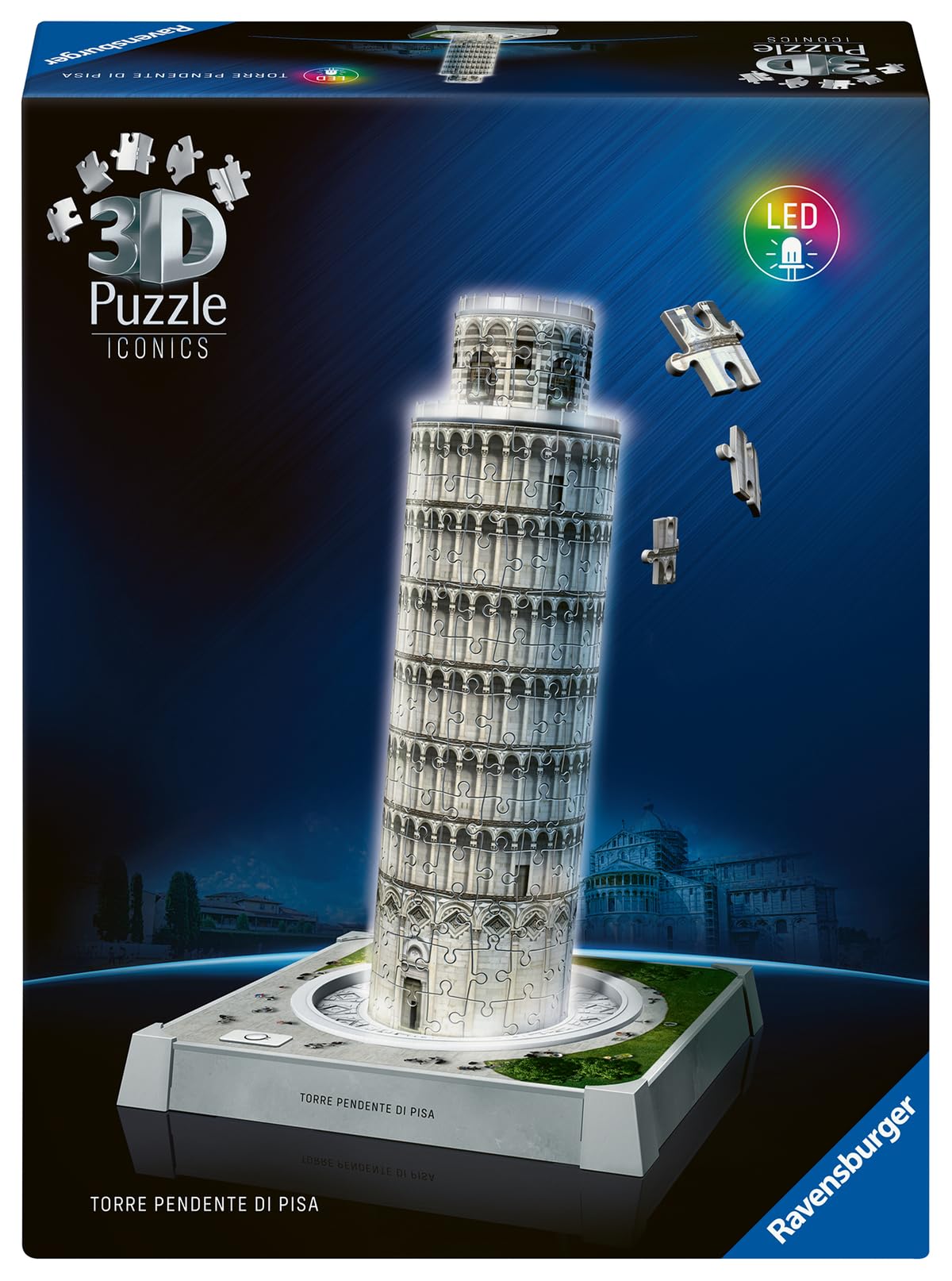 Ravensburger - Puzzle 3D Tour de Pise Lumineuse - Monument à Construire sans Colle - 216 Pièces - Socle LED Multicolore - Dès 10 Ans - Lampe Déco - 12008028