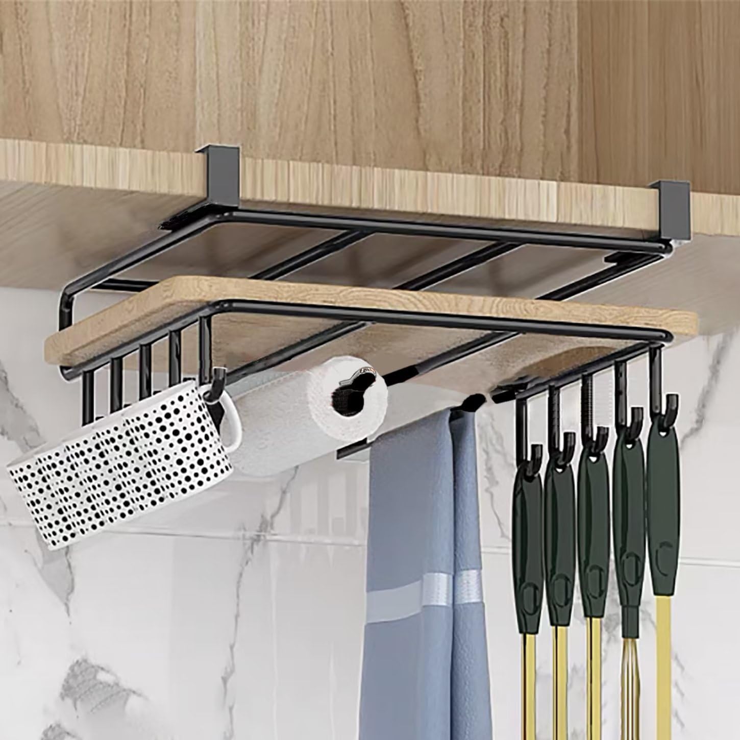 Panier de rangement sous armoire en fil métallique avec crochets – Armoire polyvalente pour cuisine, garde-manger, placard, salle de bain – Solution d'étagère suspendue peu encombrante