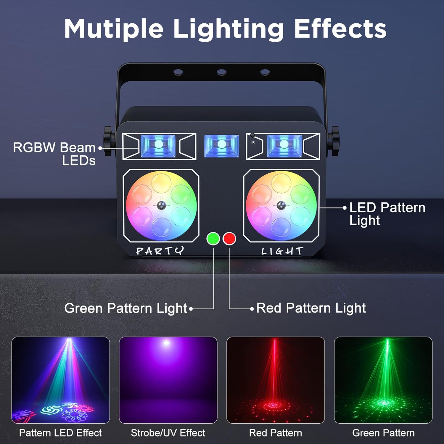 Diagram showing the components of the LED stage light: RGBW Beam LEDs, LED Pattern Light, Green Pattern Light, Red Pattern Light, and examples of Pattern LED Effect, Strobe/UV Effect, Red Pattern, Green Pattern.