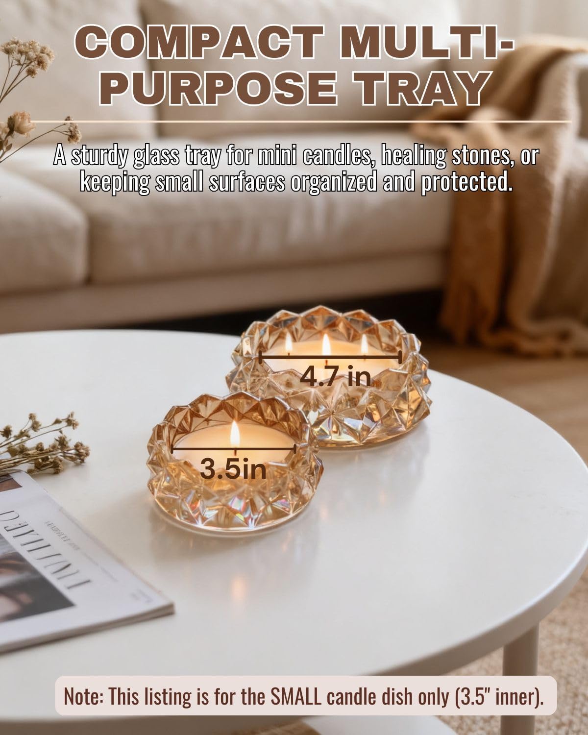 Small Geometric 4in Glass Candle Holder – Crystal Tealight Dish & Mini Candle Tray for Small Scented Candles, Votives & Aroma Stones(Honey Amber-4in)