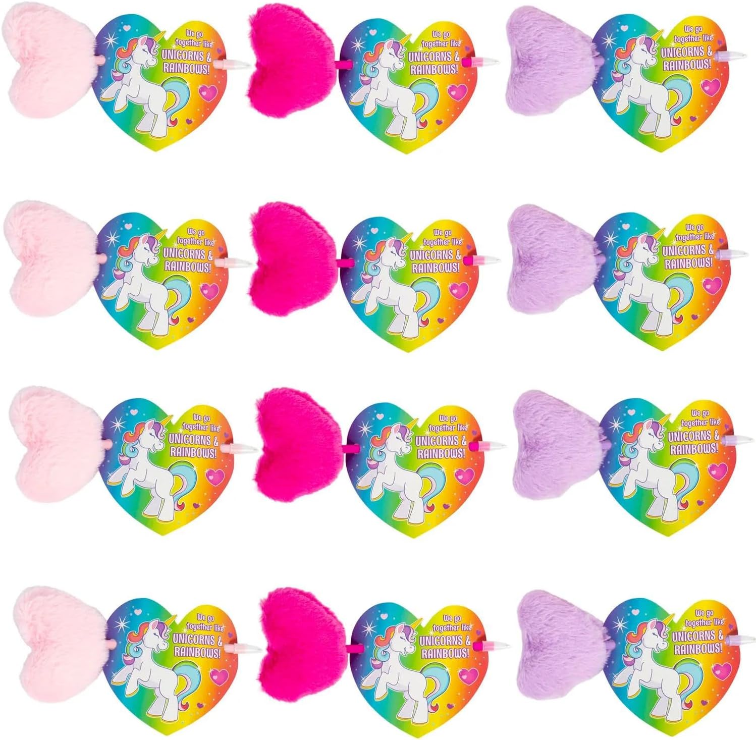 5 3/4" Unicorn Rainbow Heart Pens Valentine Exchanges with Card for 12