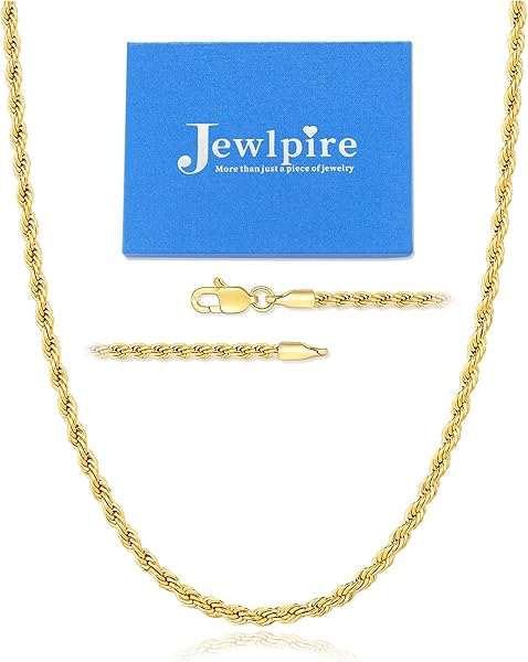 Jewlpire Silver Rope Chain/14k Gold Plated Chain Necklace for Men, 2.5mm 3mm 4mm Chains for Men Women, Stainless Steel Necklace Chains, Mens Necklaces 16 18 20 22 24 26 Inch
