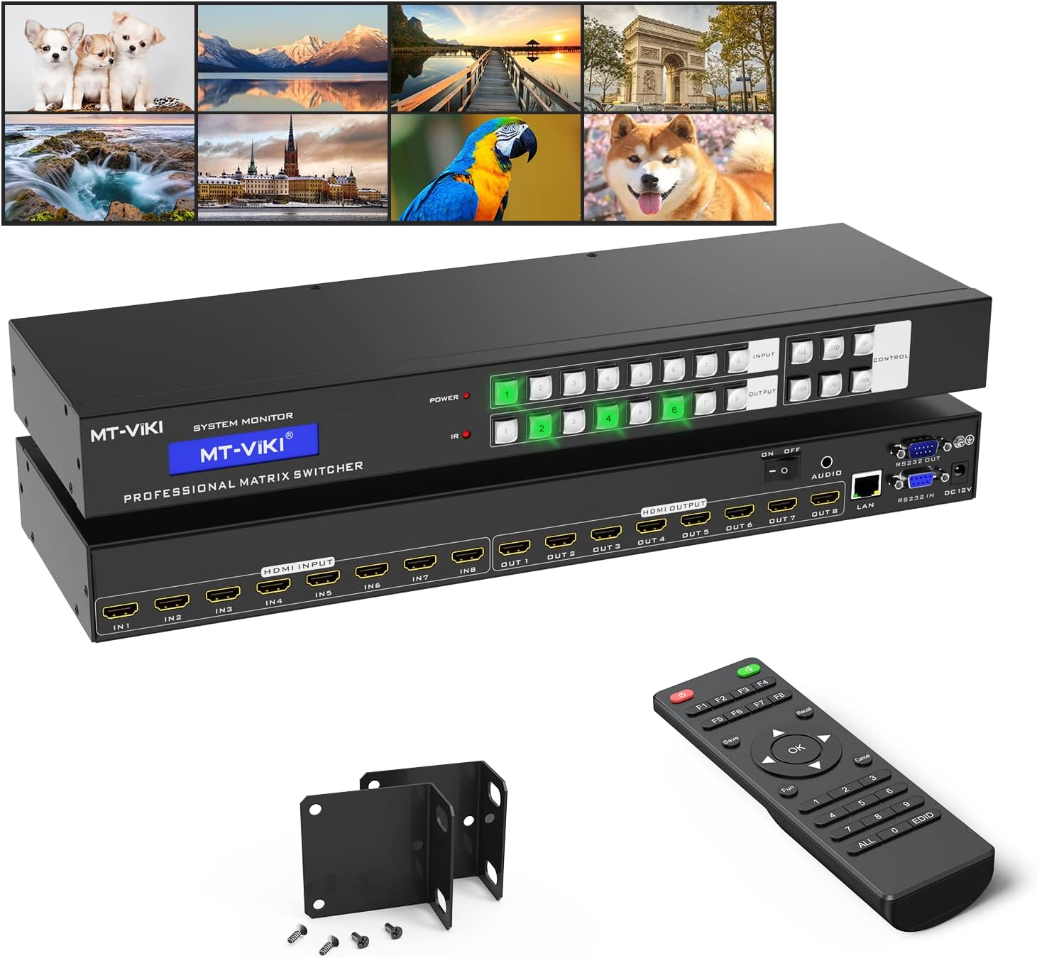 4K HDMI Matrix Switch 8X8 w/Web GUI & 3.5mm Stereo Audio Extraction w/IR Remote, 4K@30Hz, Rack Mount Switcher & Splitter, EDID, RS232, LAN Port, APP, Fit 1U 19'' Rack