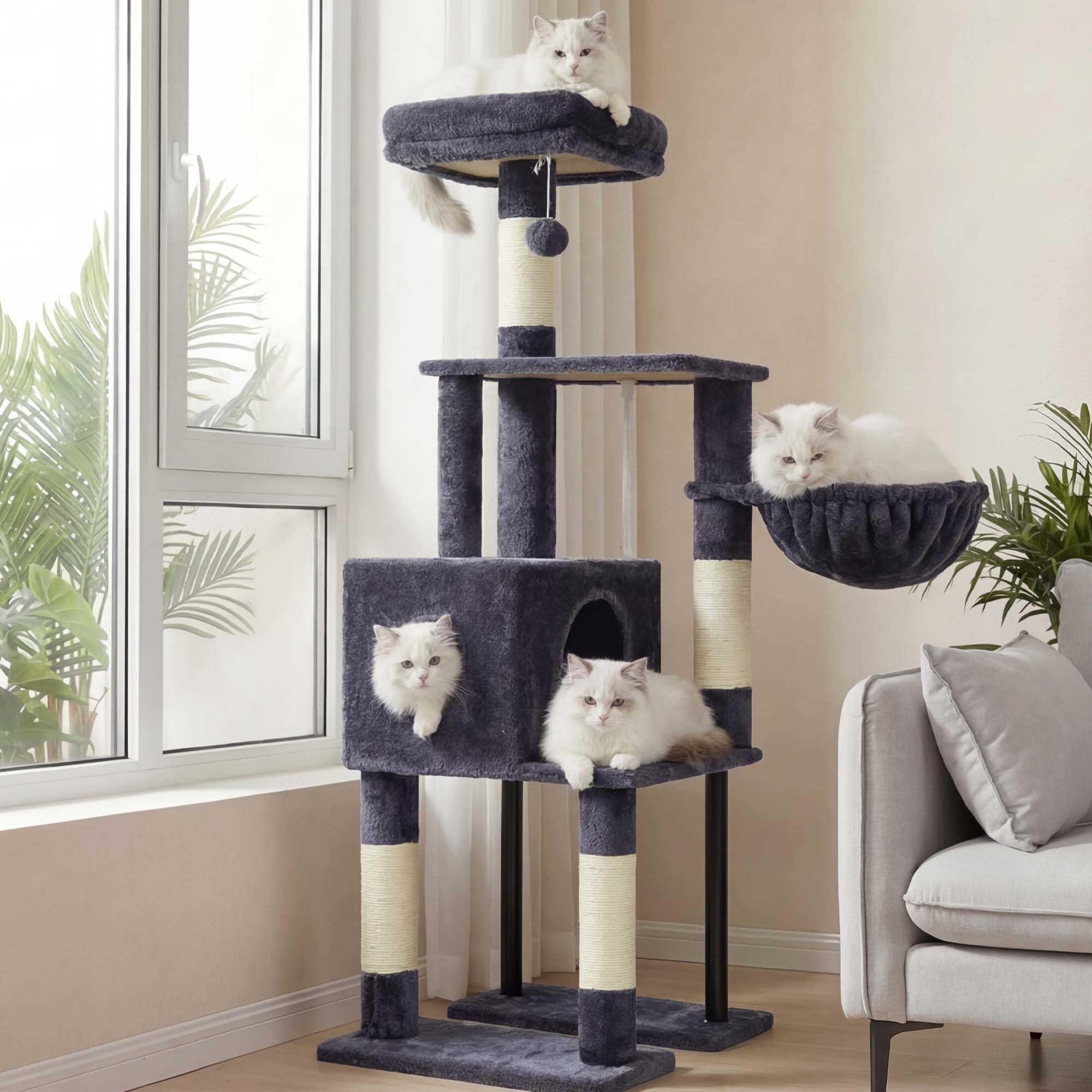 Arbre à chat 125 cm gris anthracite avec niche et griffoir sisal HCT200SG