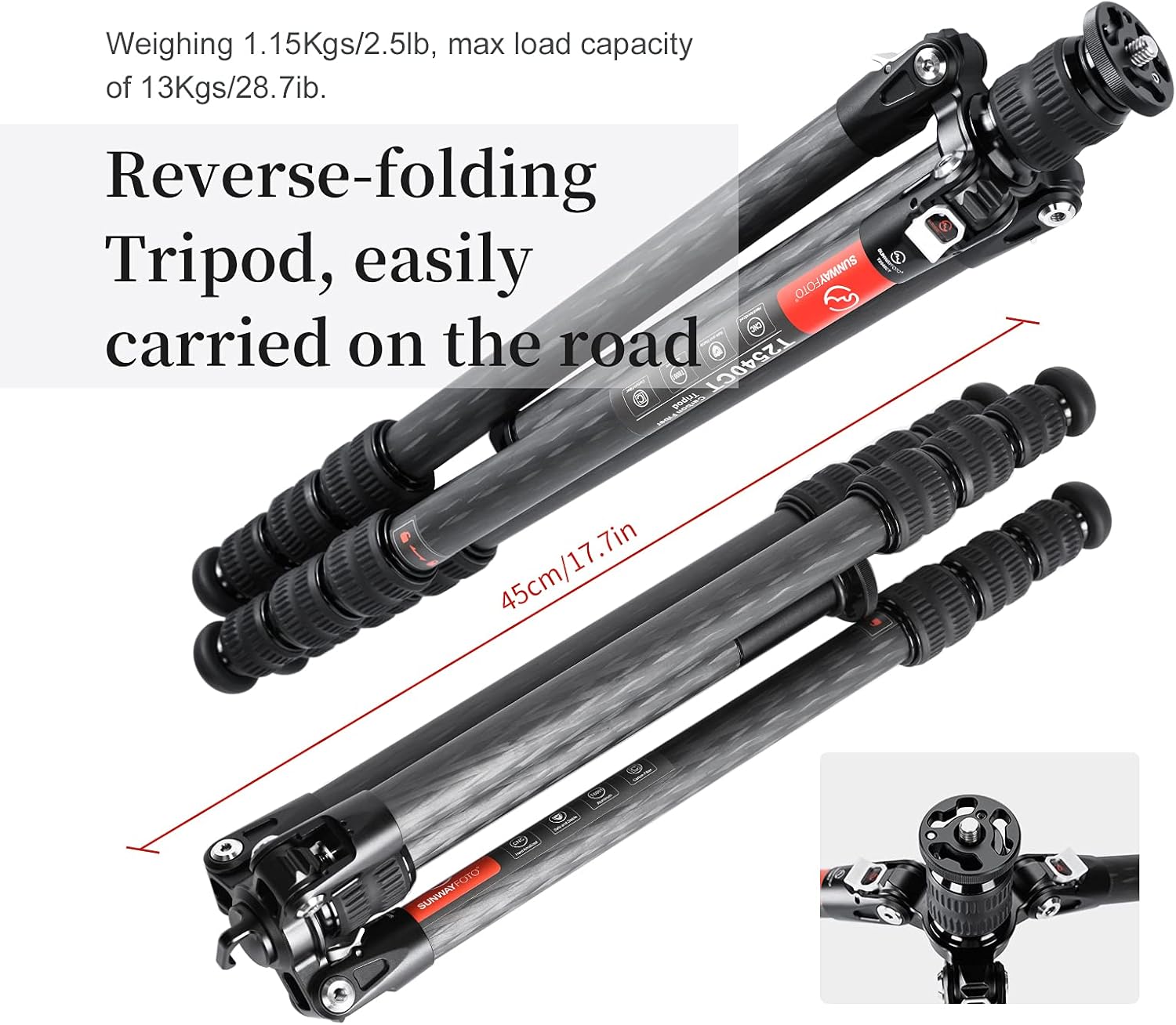 SUNWAYFOTO T2540CT Tripod for Camera Travel Tripod, Carbon Fiber Portable, Waterproof Reverse Folding 13KG Load Capacity : Electronics