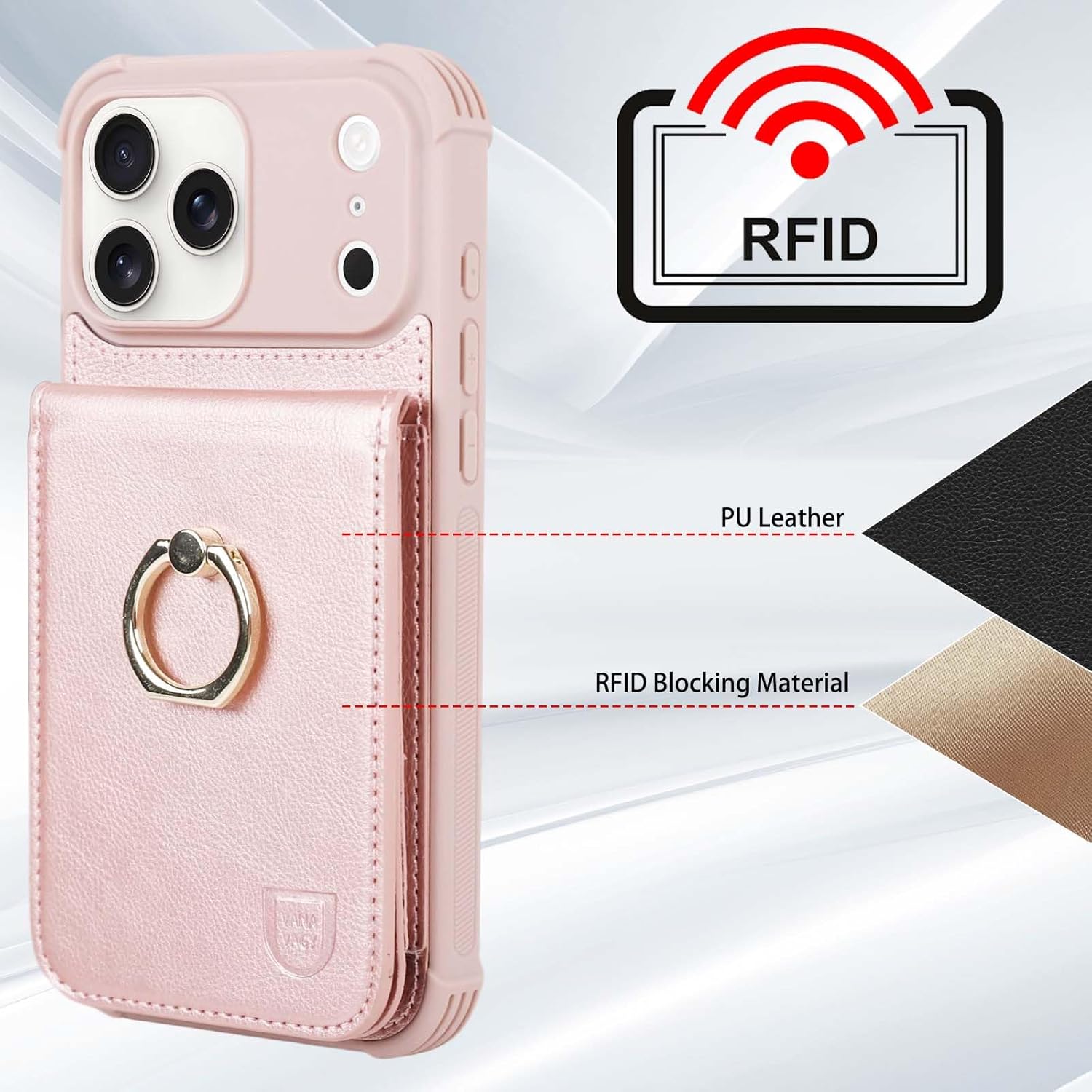 VANAVAGY Compatible for iPhone 17 Pro Max Wallet Case with RFID Blocking Card Holder, [Screen Protector] PU Leather Shockproof Case Magnetic Clasp Ring Kickstand Flip Cover for Women Men,Rosegold - Image 8