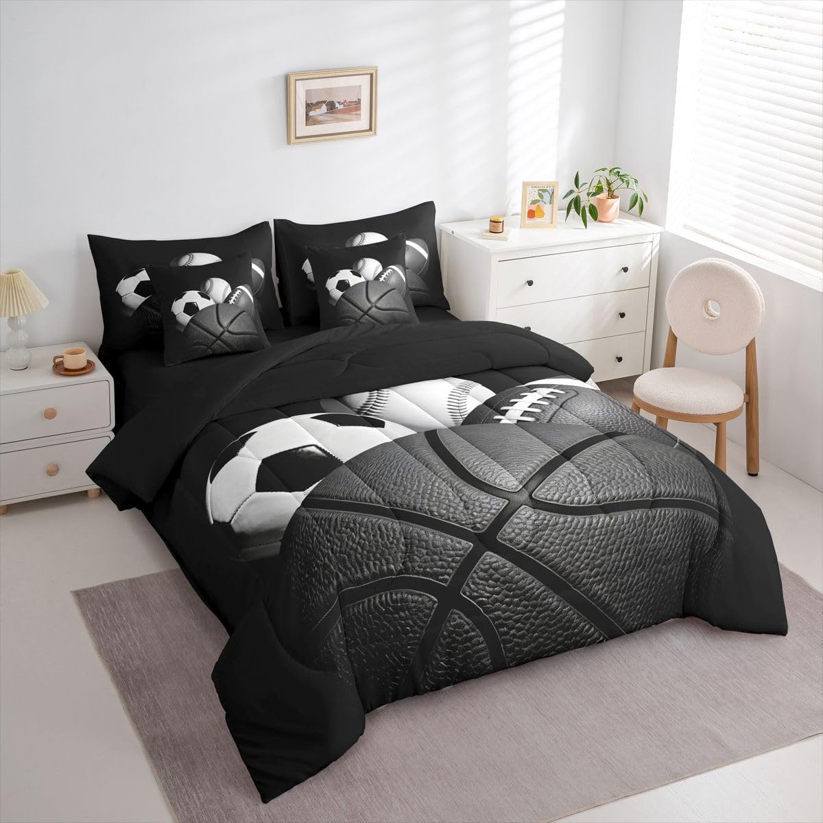 Feelyou Boys Sports Comforter Set Full Size 7 Pieces Football Baseball Soocer Basketball Bedding Set Kids Black White Bed in a Bag with Sheets, Pillowcases, Cushion Covers Sports Gifts Room Decor Soft