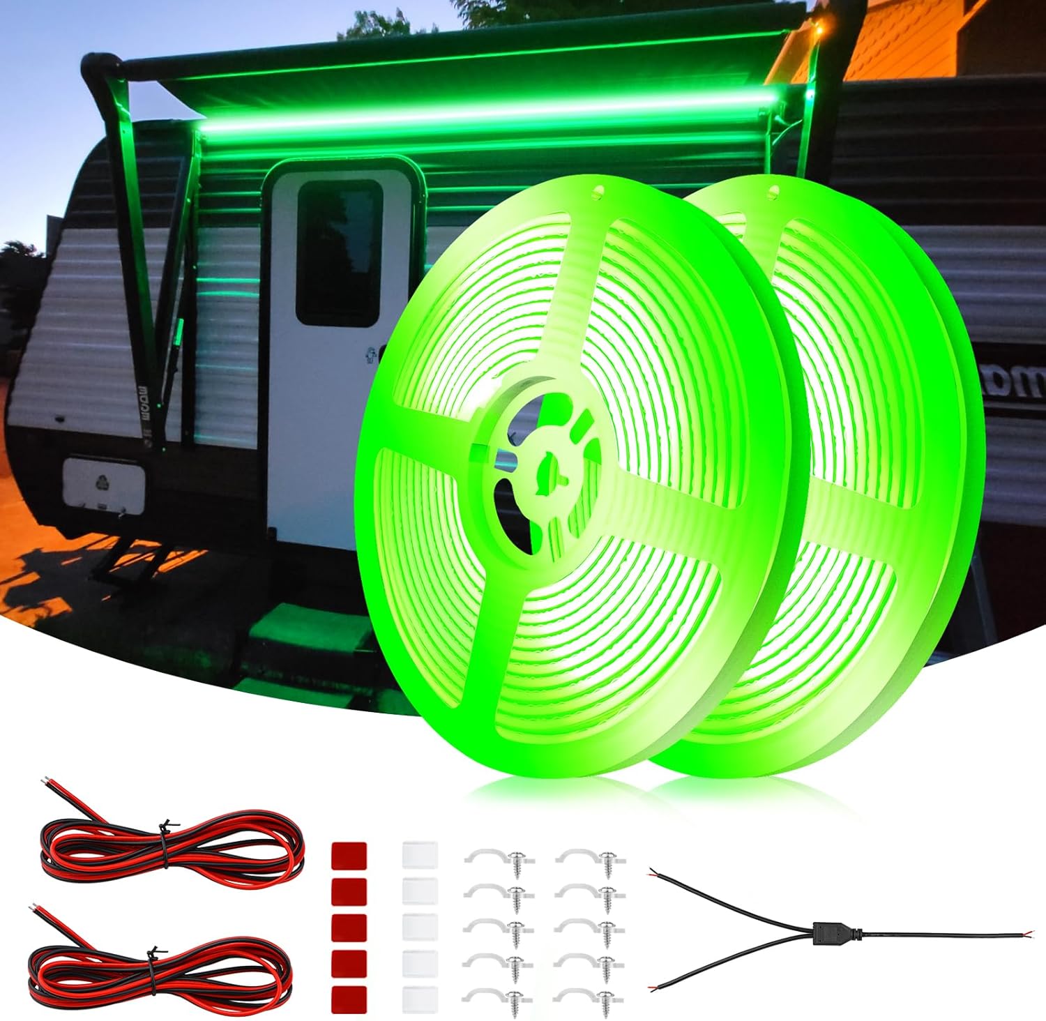 COB RV Awning Lights, 12V 32.8FT Camping Awning Light, IP68 Waterproof LED Lights, RV Exterior Strip Lights for Motorhome Travel Trailer Canopy Party, Stands Food Trucks (Green)